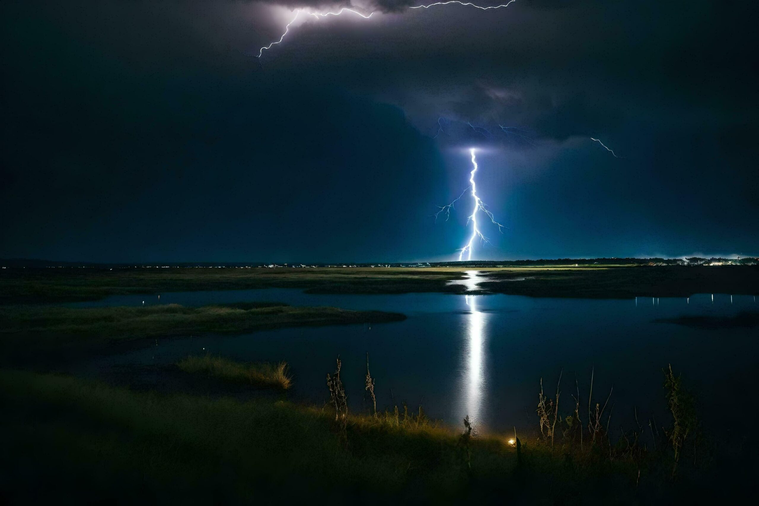 Ai-generated-lightning-strikes-over-a-body-of-water-in-the-dark-free-photo