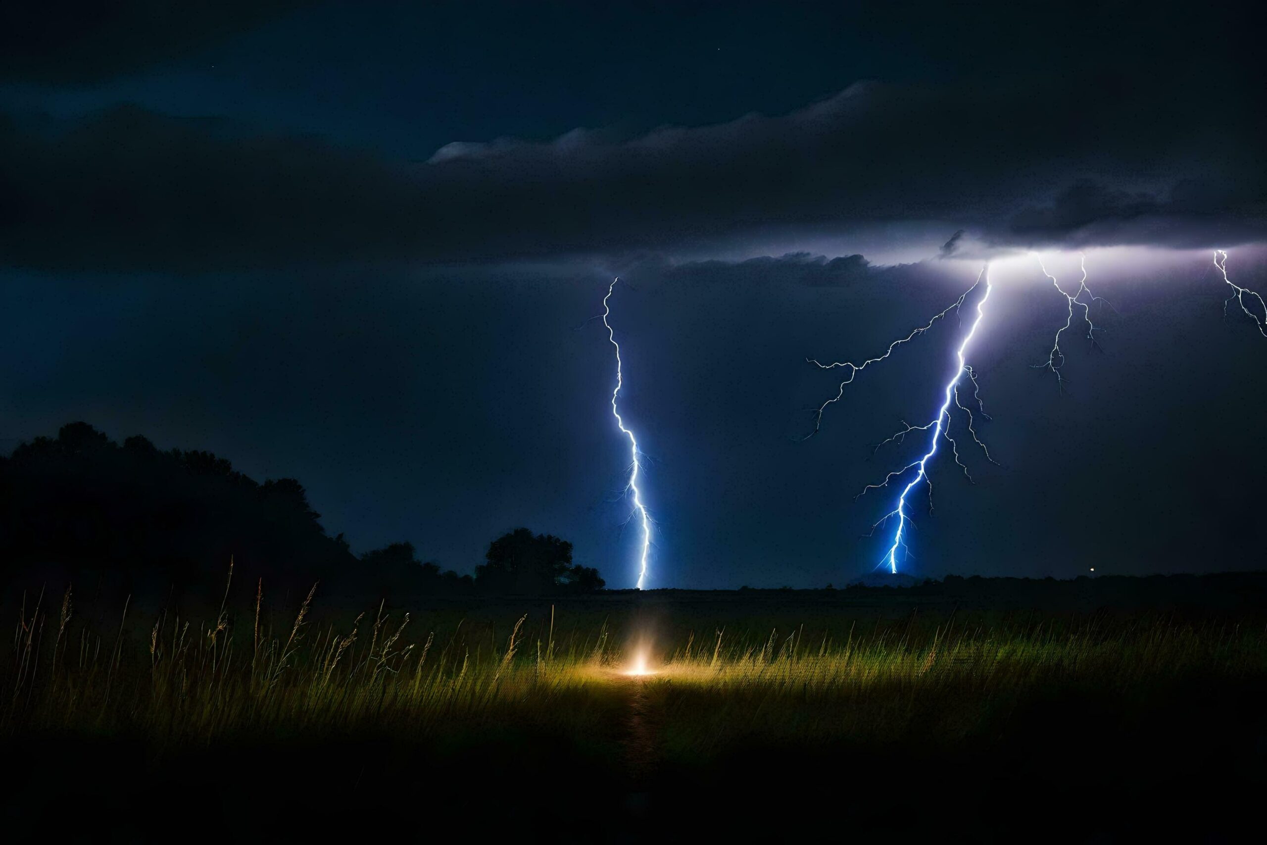 Ai-generated-lightning-strikes-over-a-field-with-a-light-shining-in-the-sky-free-photo