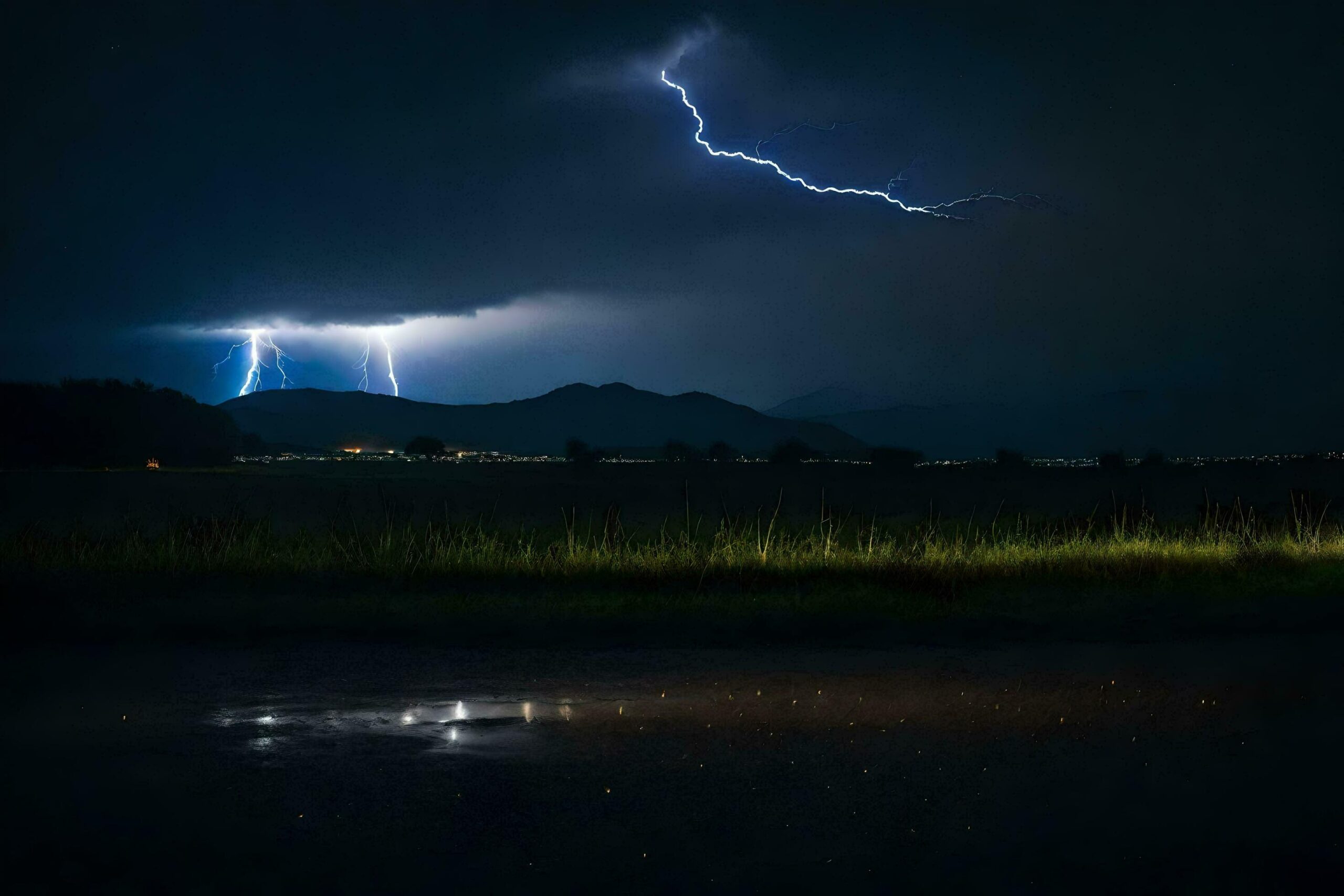Ai-generated-lightning-strikes-over-a-field-with-a-mountain-in-the-background-free-photo