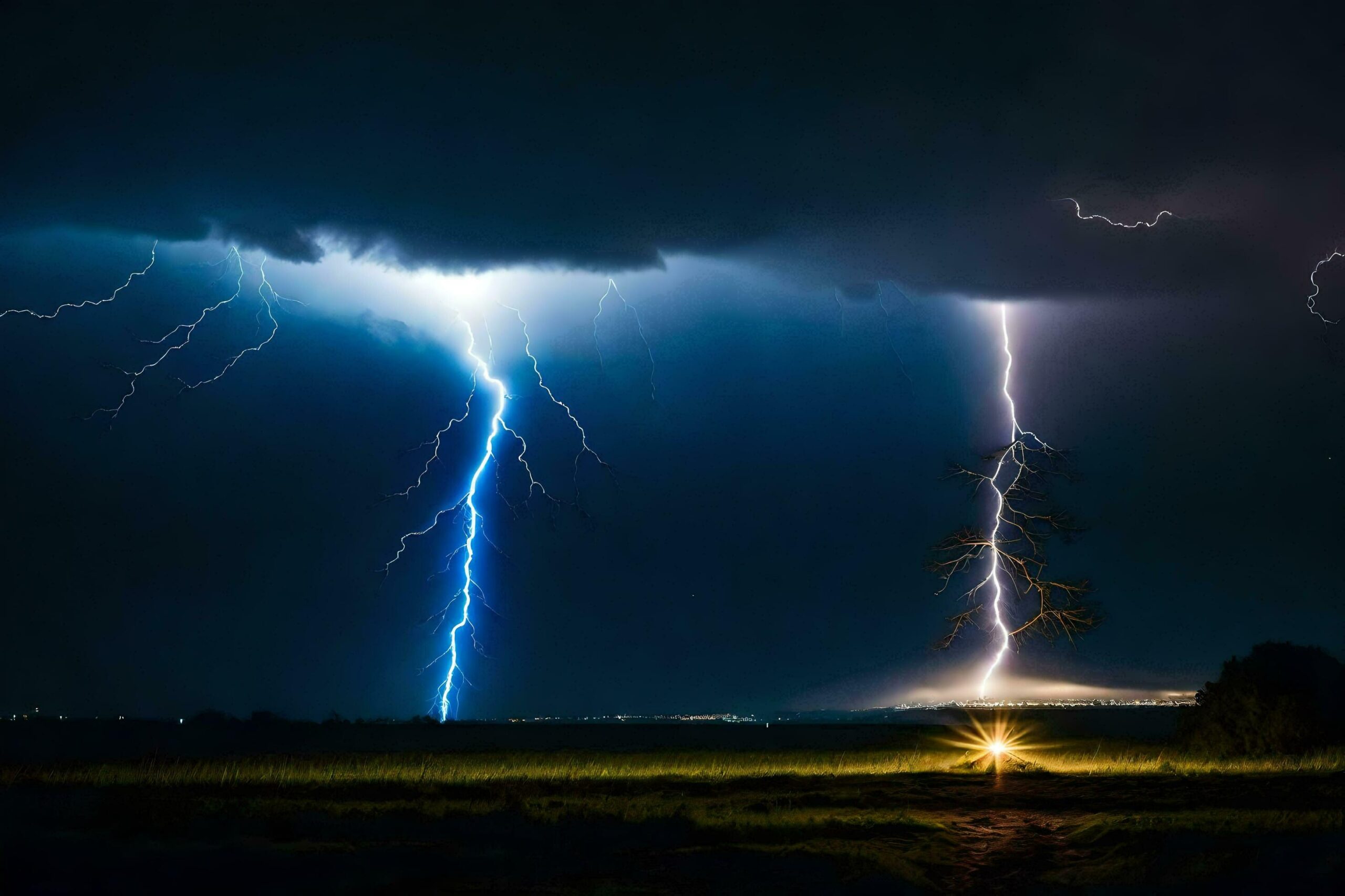 Ai-generated-lightning-strikes-over-a-field-with-a-tree-in-the-background-free-photo