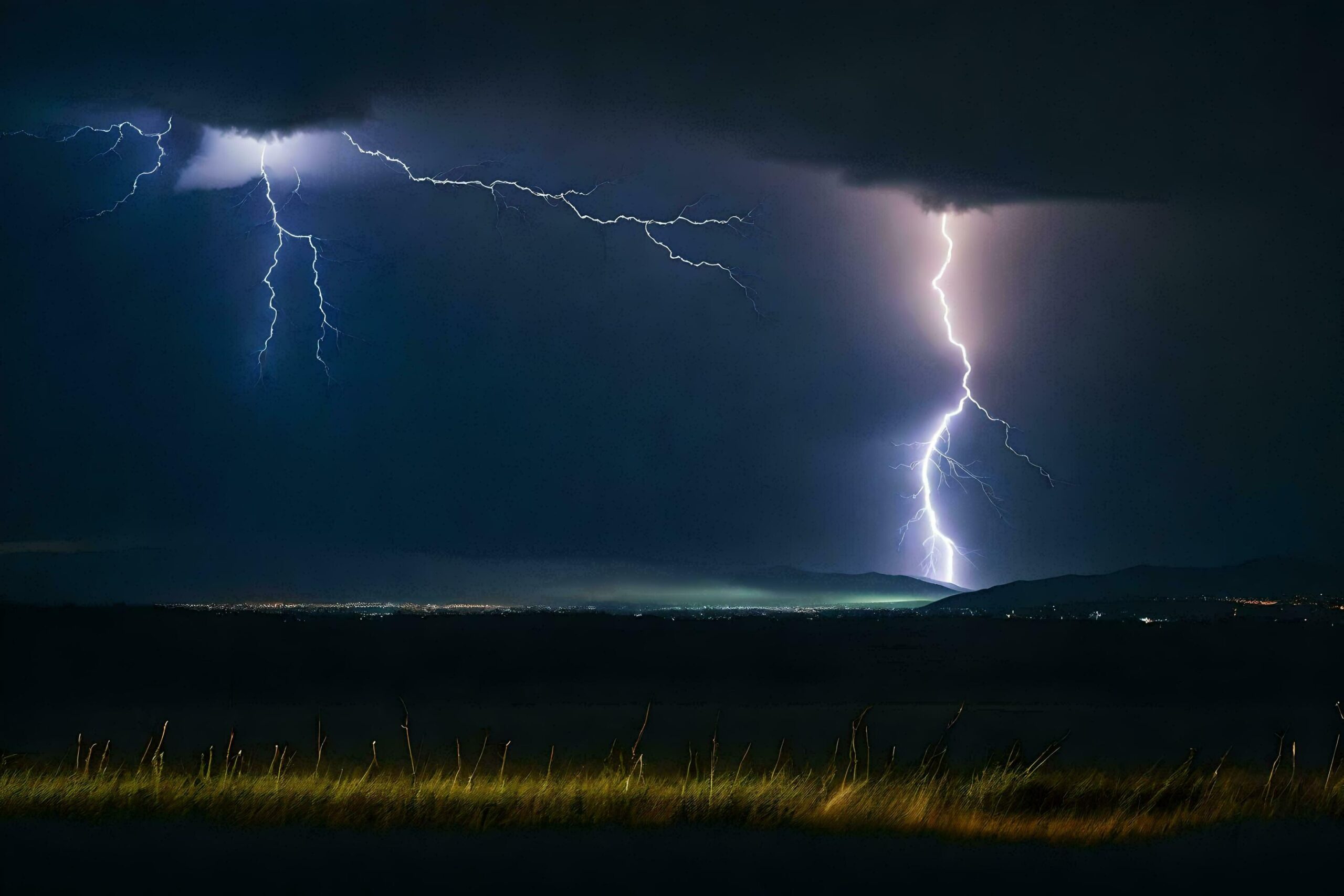 Ai-generated-lightning-strikes-over-a-field-with-grass-and-trees-free-photo