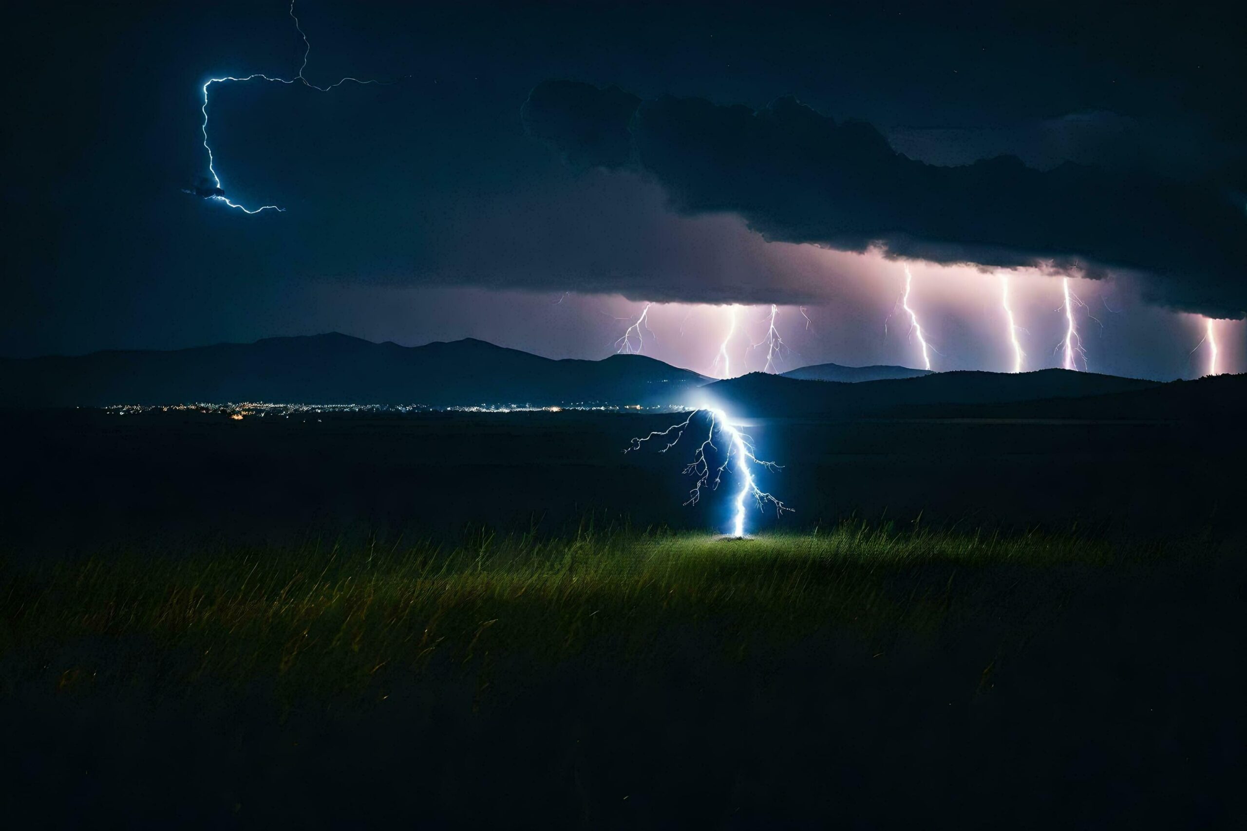 Ai-generated-lightning-strikes-over-a-field-with-mountains-in-the-background-free-photo