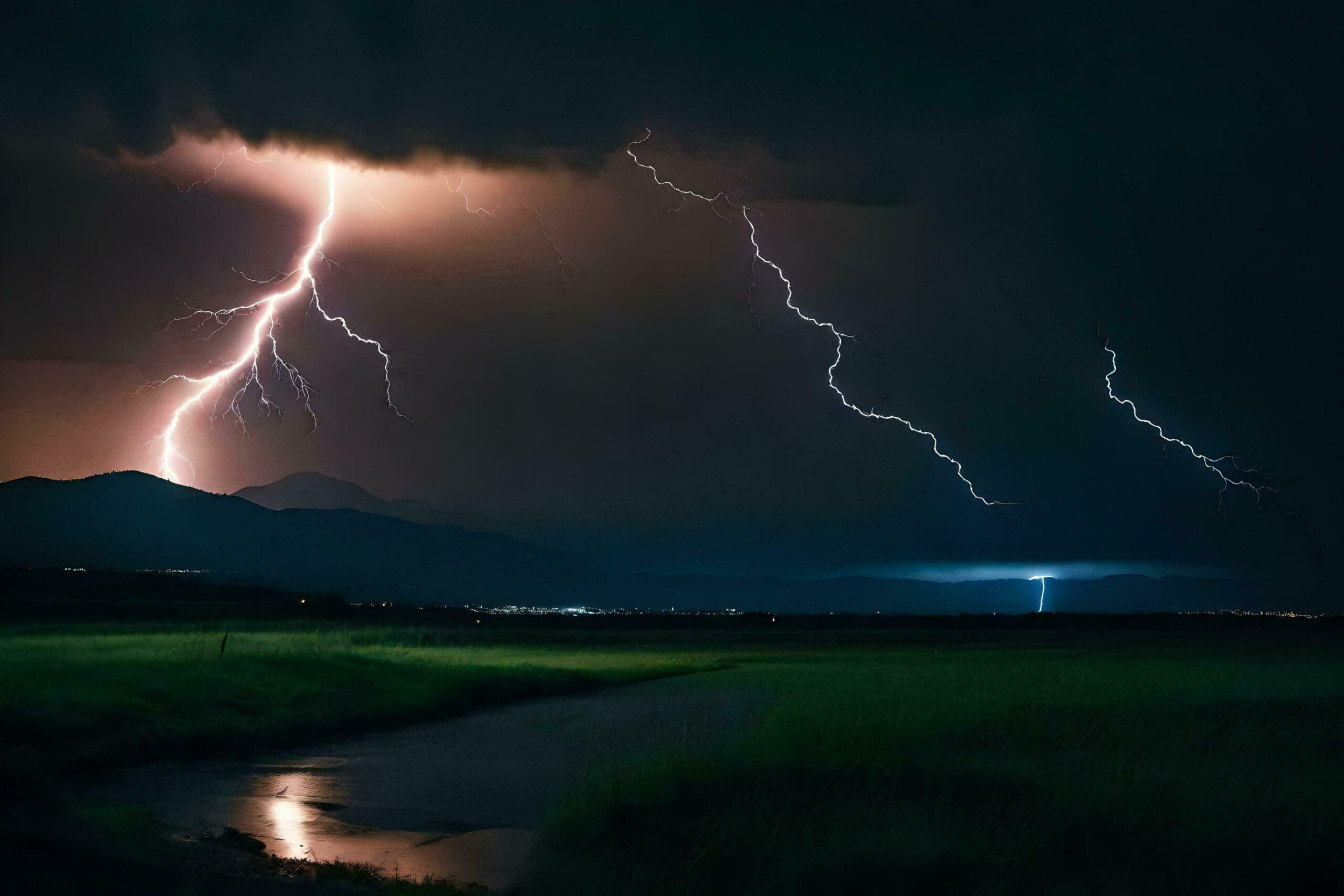 Ai-generated-lightning-strikes-over-a-river-and-mountains-free-photo