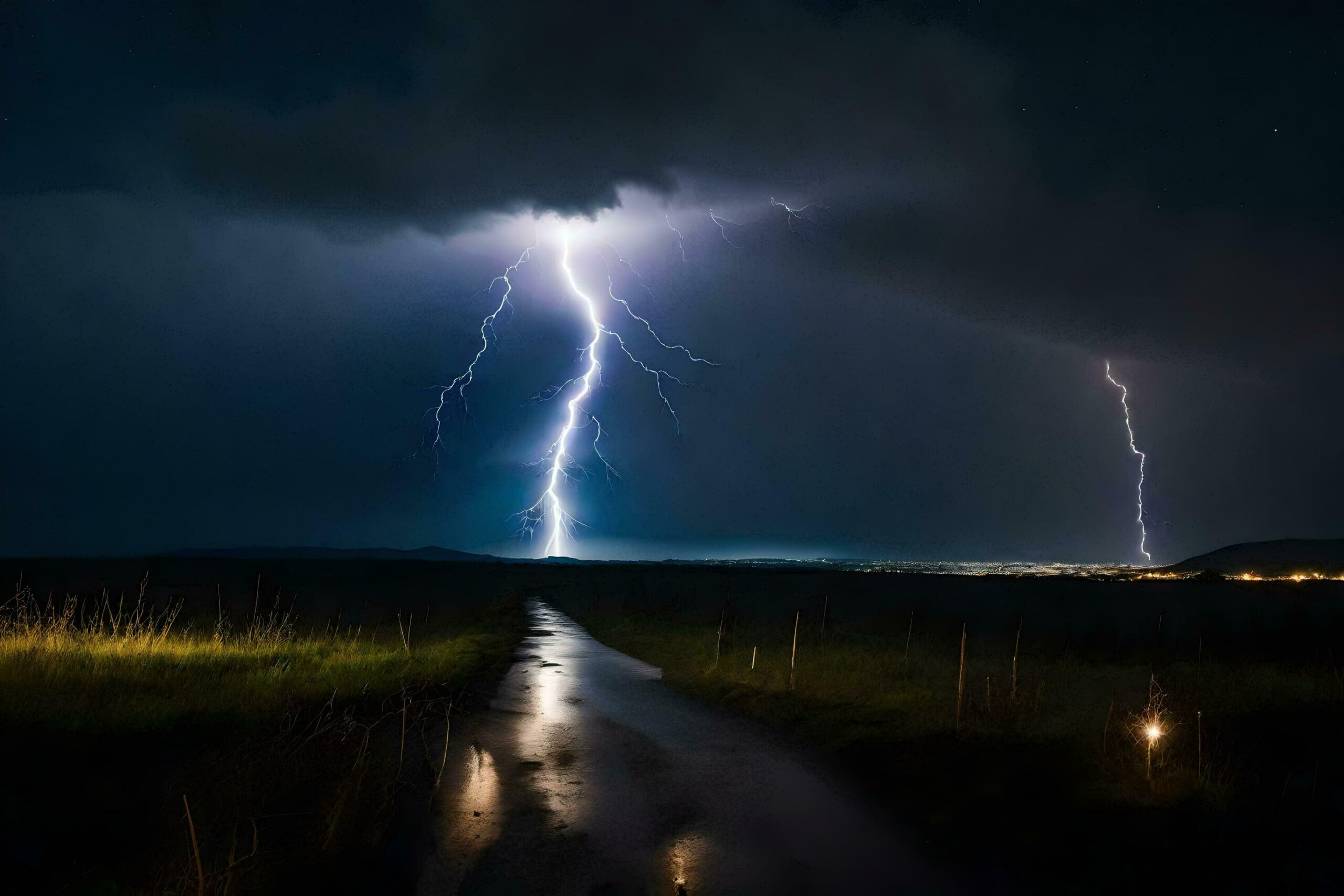 Ai-generated-lightning-strikes-over-a-road-in-the-dark-free-photo