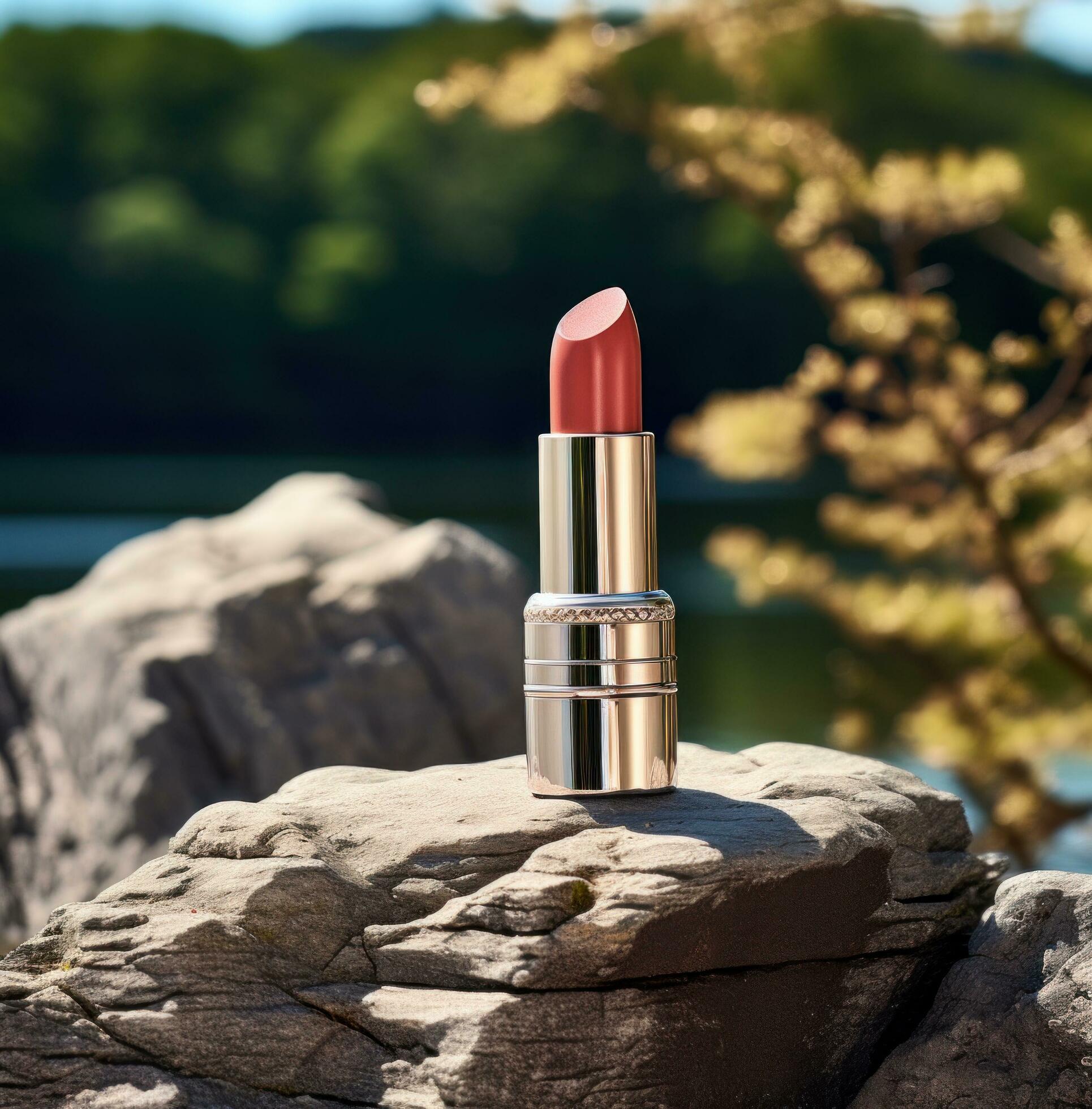 Ai-generated-lipstick-sitting-on-a-rock-near-a-lake-free-photo