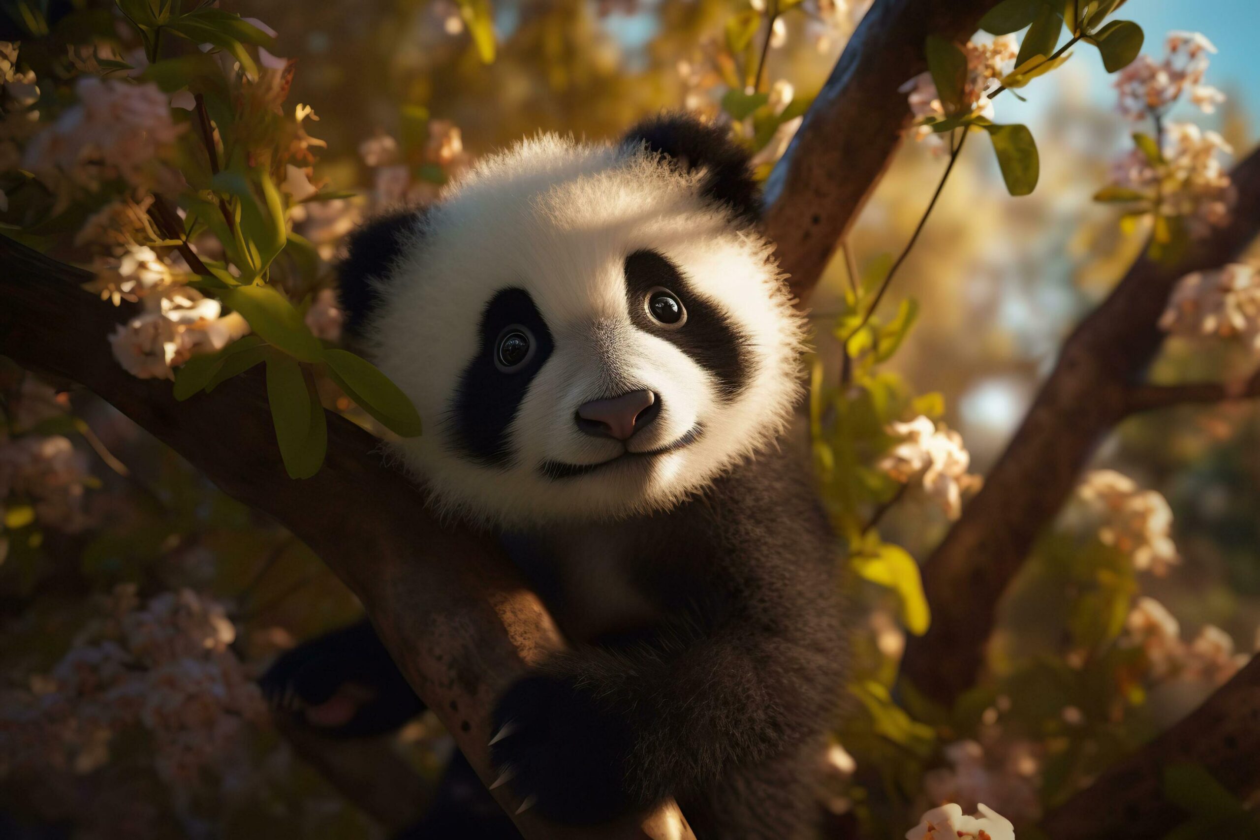Ai-generated-panda-bear-on-a-tree-branch-free-photo