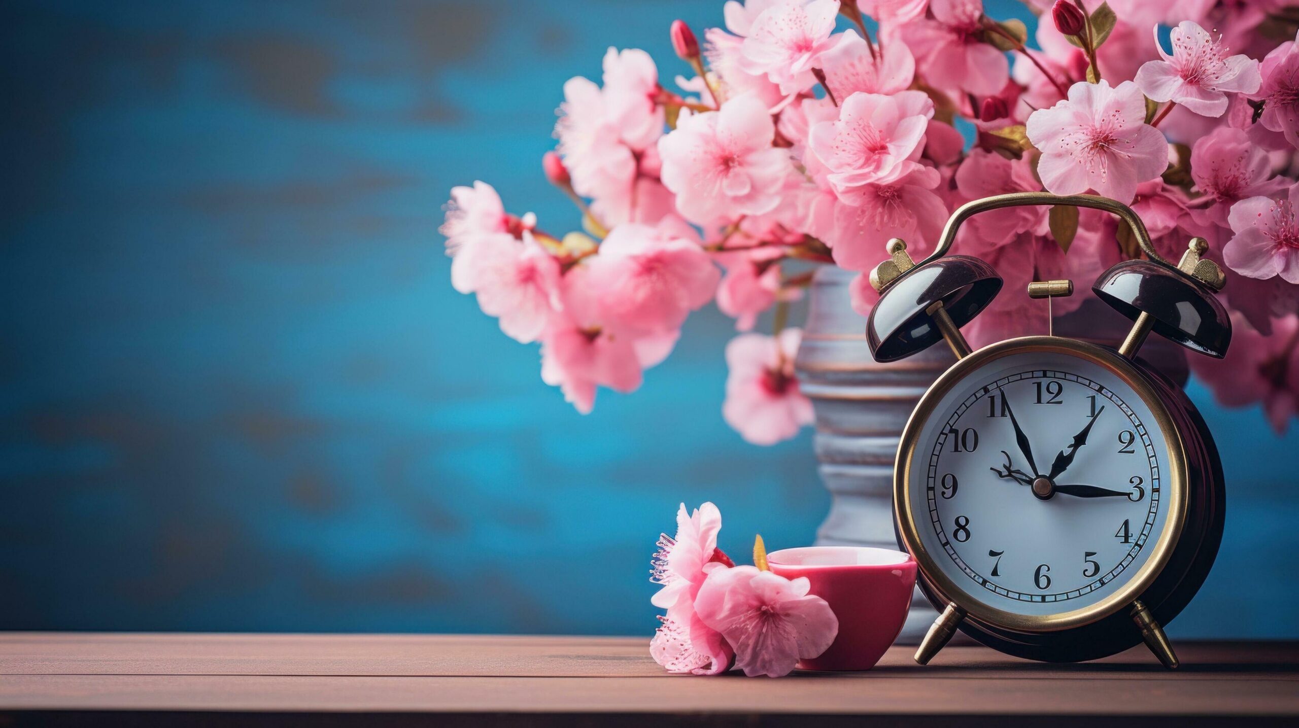 Ai-generated-pink-alarm-clock-in-the-cherry-blossom-background-free-photo