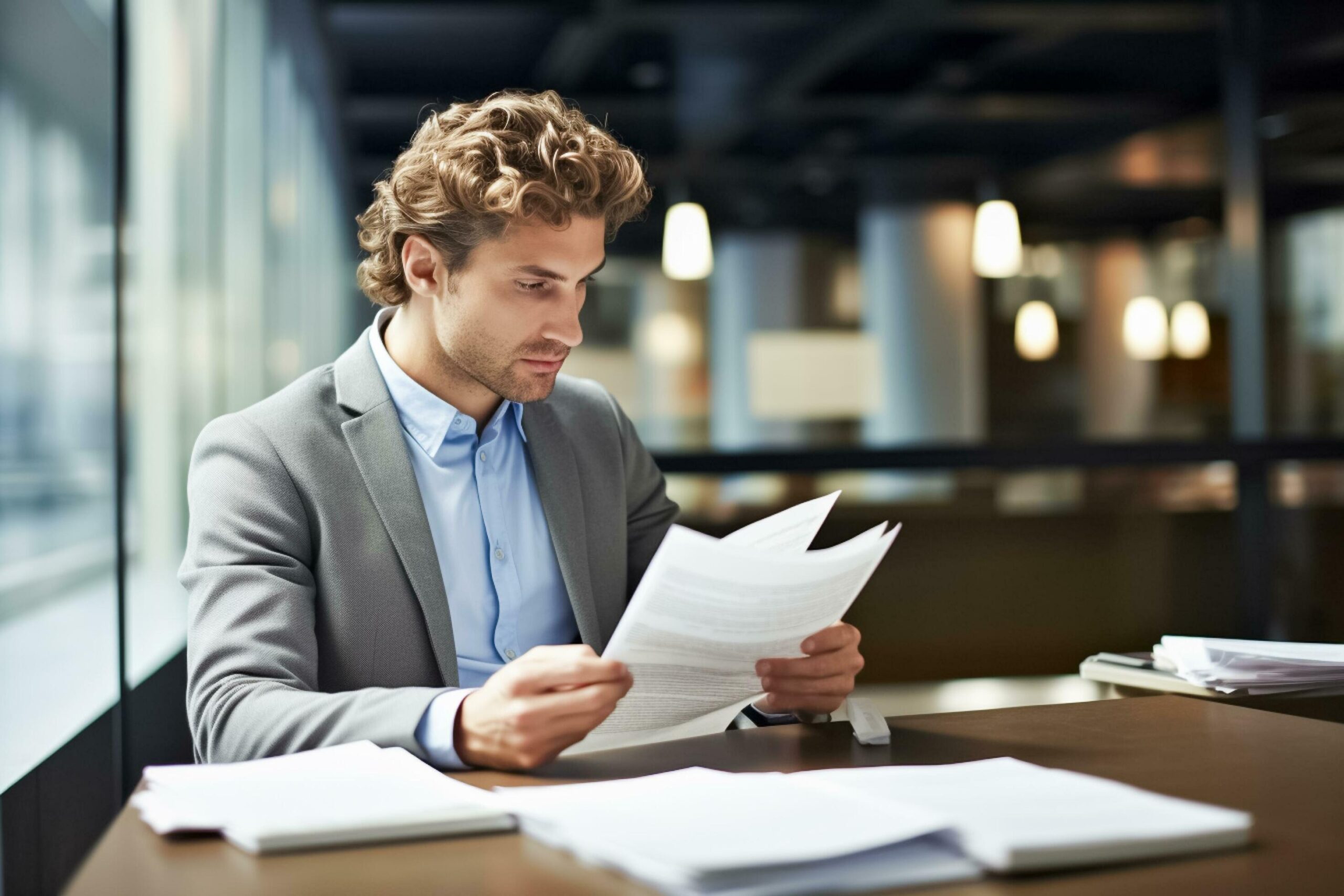 Ai-generated-portrait-of-a-handsome-businessman-holding-document-while-working-on-a-computer-at-his-desk-ai-generated-free-photo
