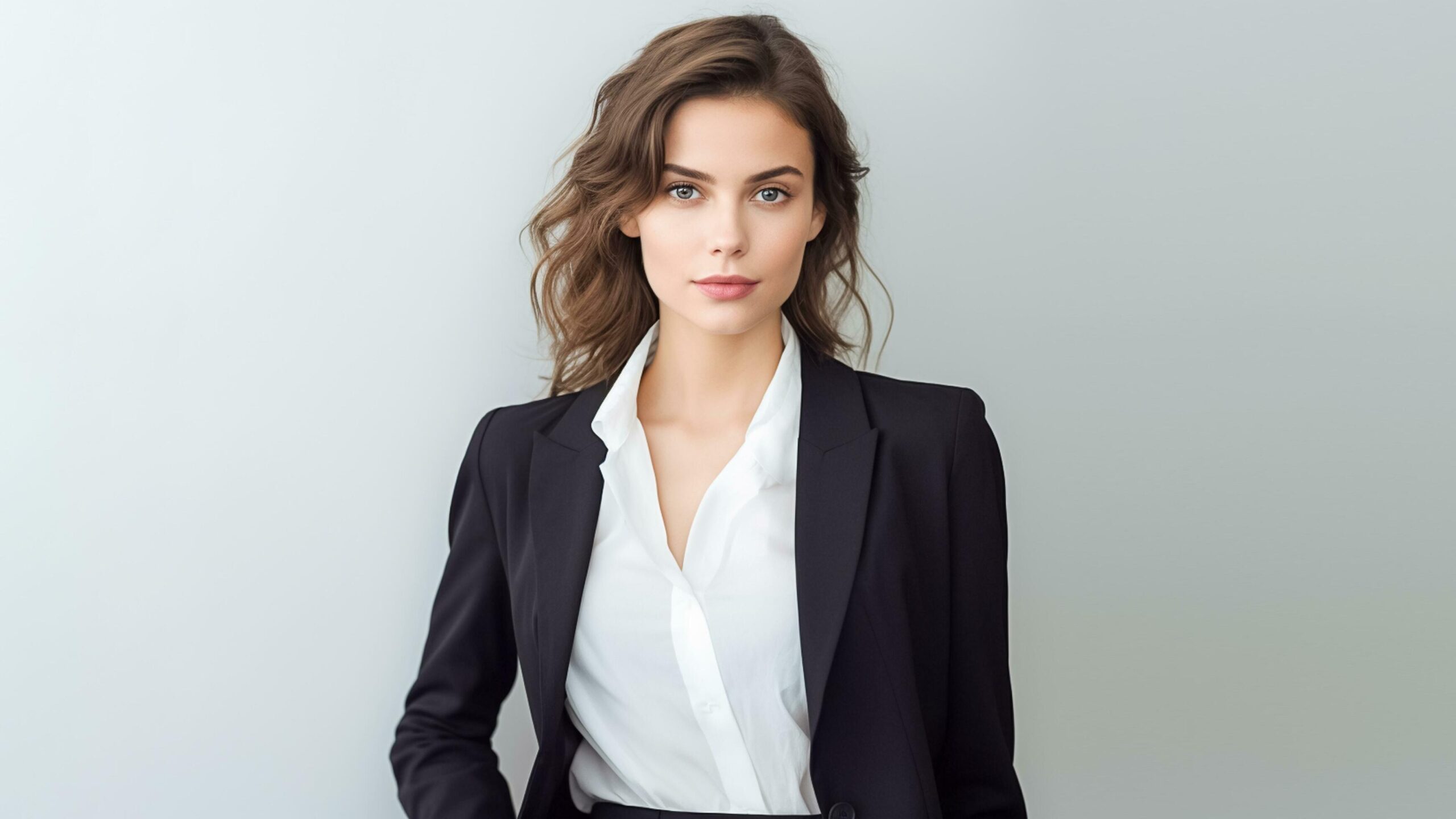 Ai-generated-portrait-of-beautiful-businesswoman-wearing-suit-isolated-gray-background-ai-generated-free-photo