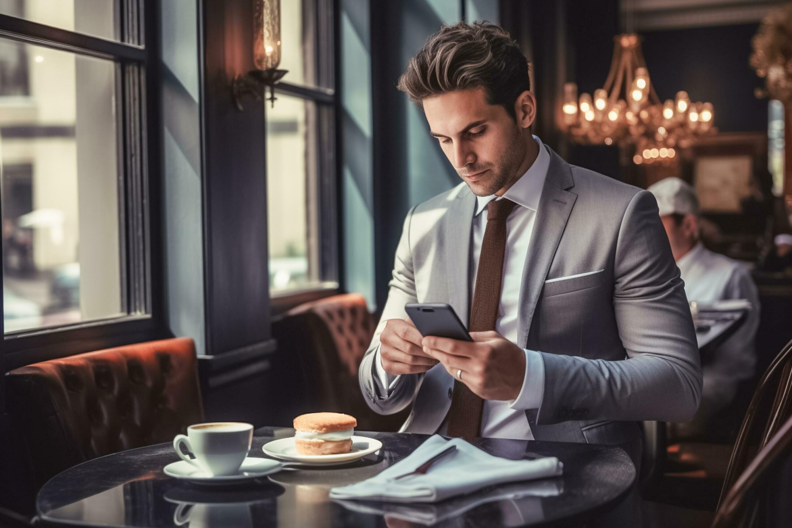 Ai-generated-portrait-of-businessman-wearing-suit-using-smart-phone-and-take-a-coffee-ai-generated-free-photo