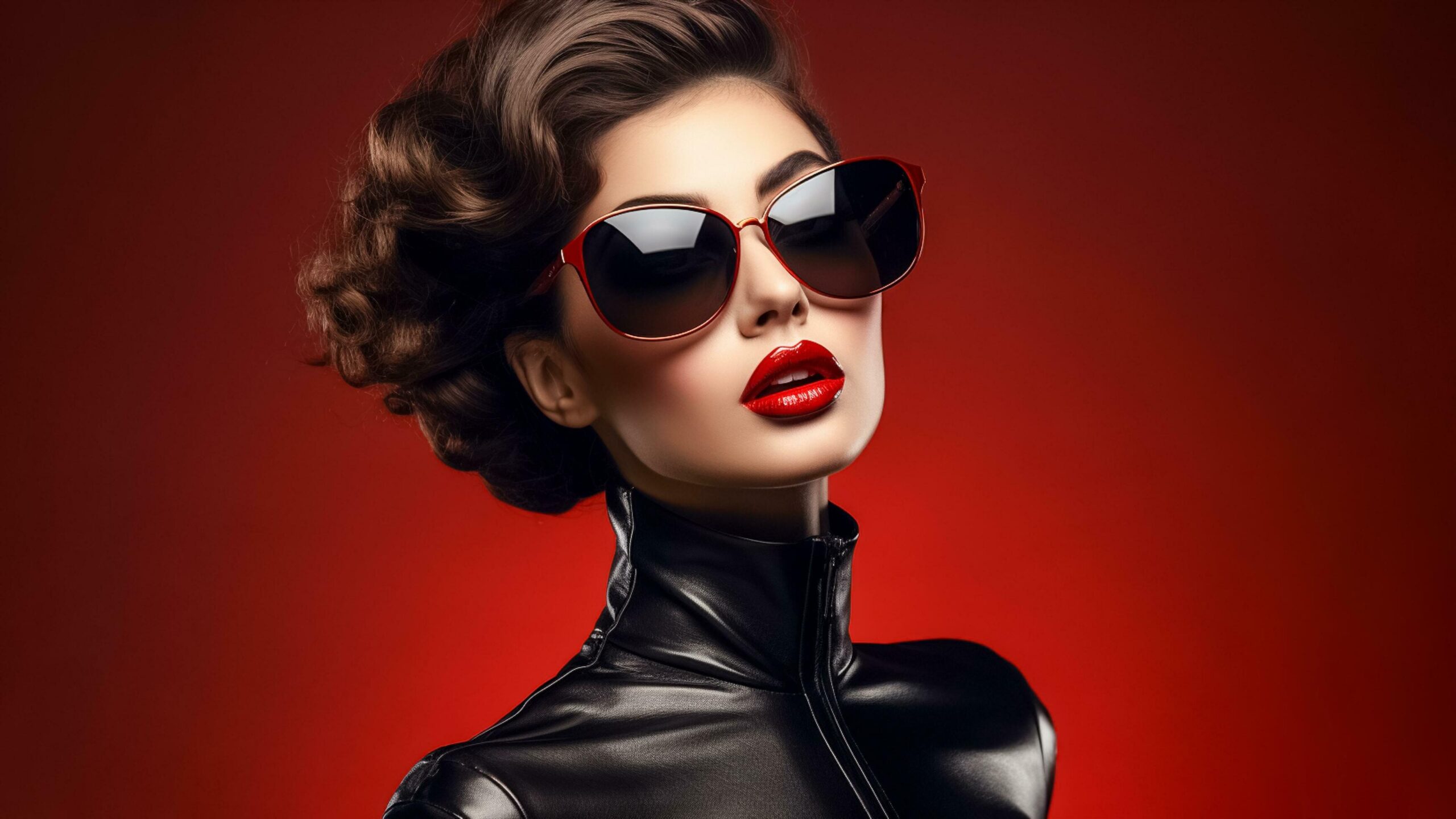 Ai-generated-portrait-of-cool-woman-with-sunglasses-and-black-jacket-on-red-background-ai-generated-free-photo