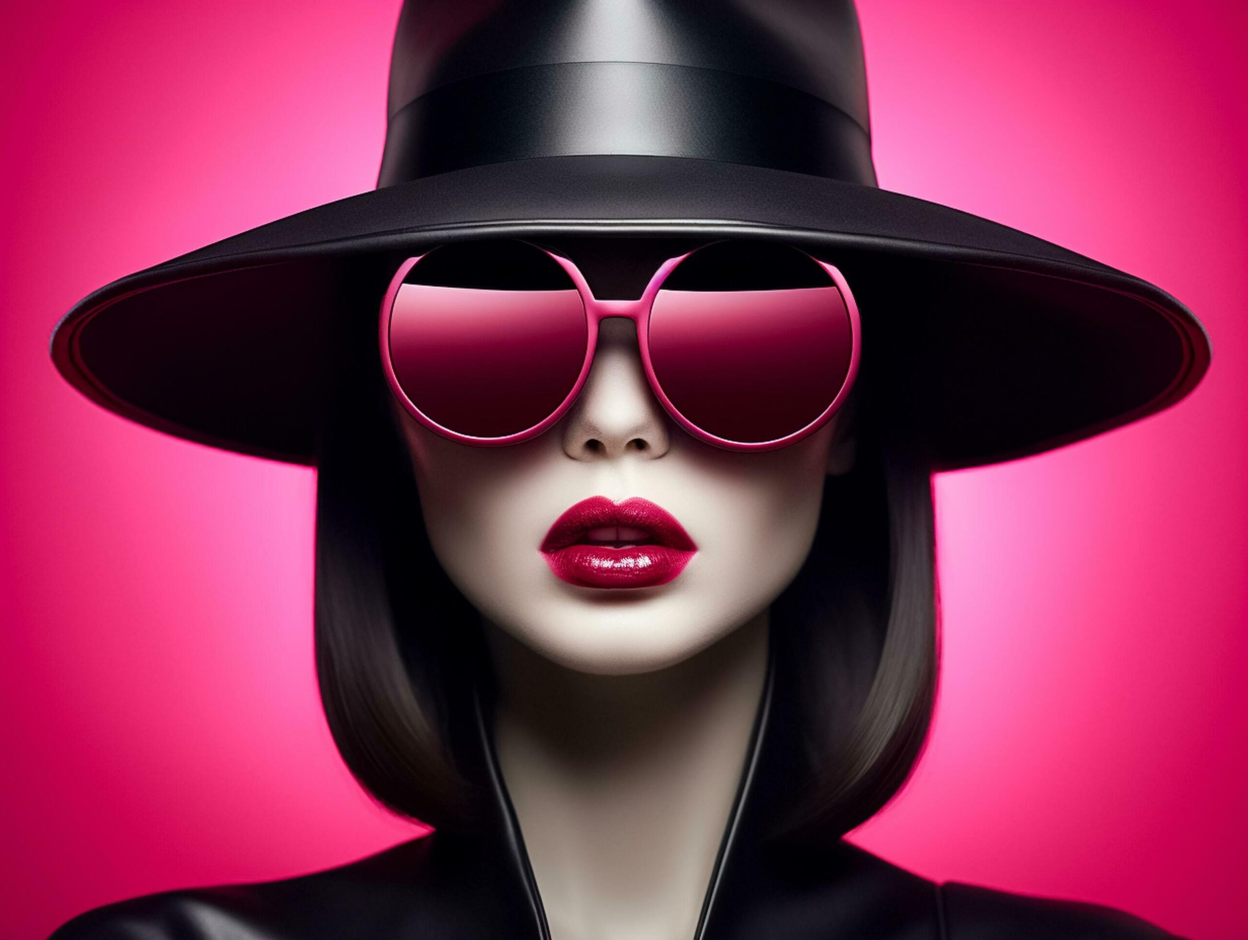Ai-generated-portrait-of-woman-model-is-wearing-sunglasses-and-hat-on-pink-background-ai-generated-free-photo