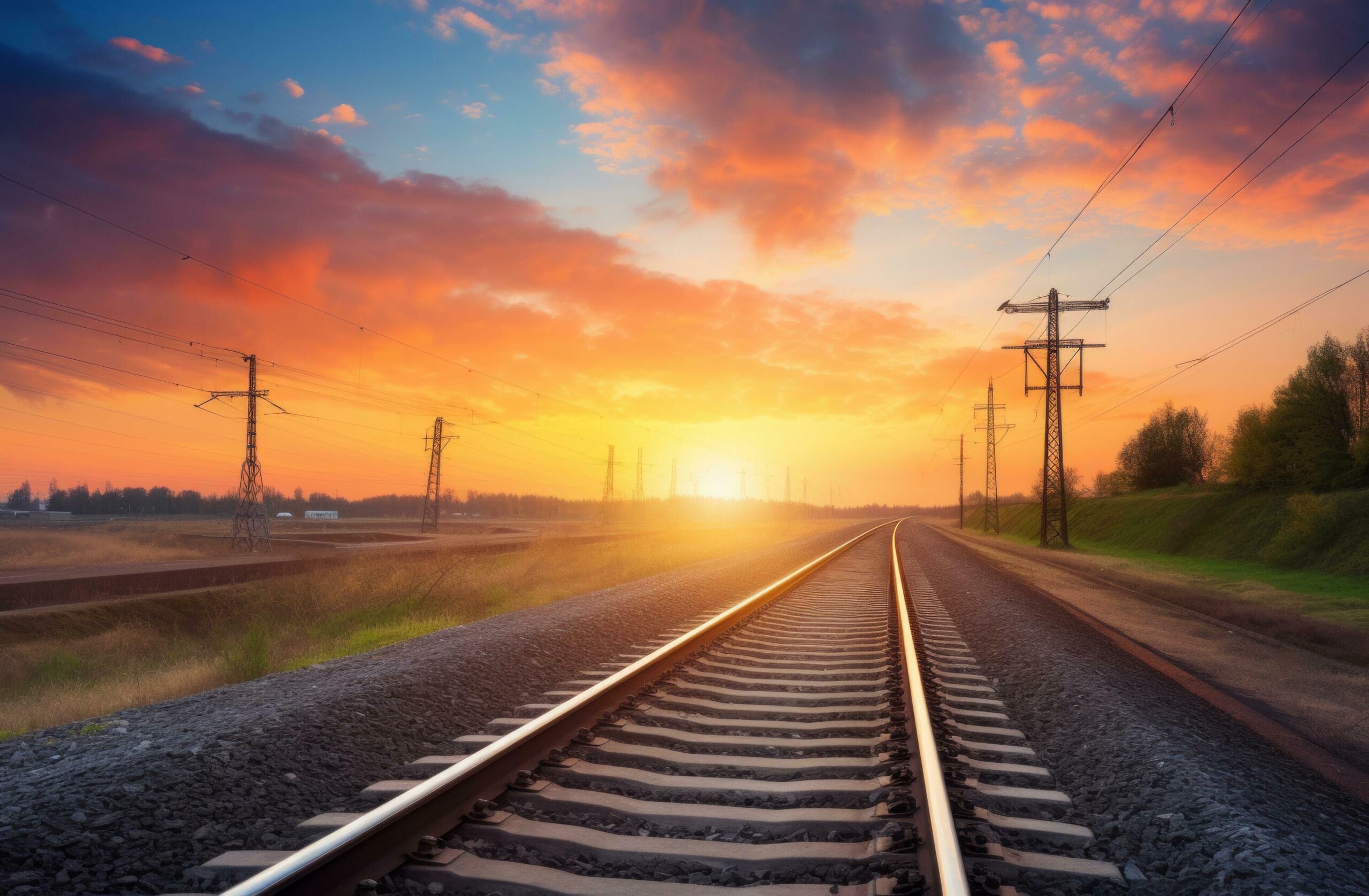 Ai-generated-railway-station-against-beautiful-sky-at-sunset-industrial-landscape-with-railroad-free-photo