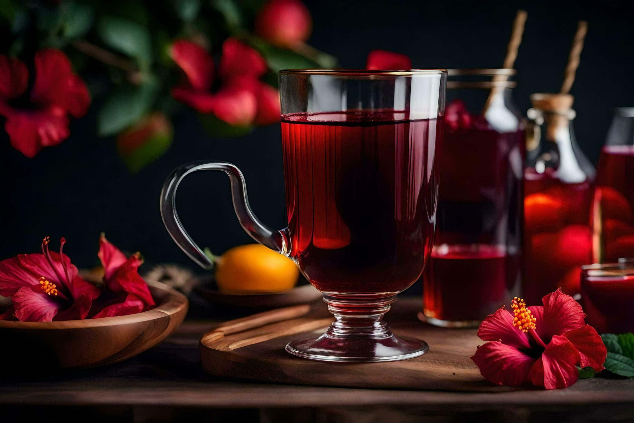 Ai-generated-red-hibiscus-tea-in-a-glass-jug-and-a-bowl-of-fruit-free-photo