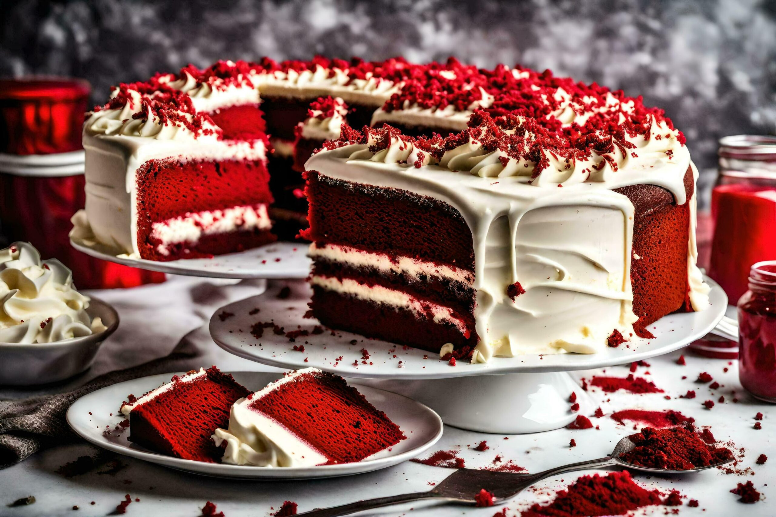 Ai-generated-red-velvet-cake-with-white-frosting-and-red-sprinkles-free-photo