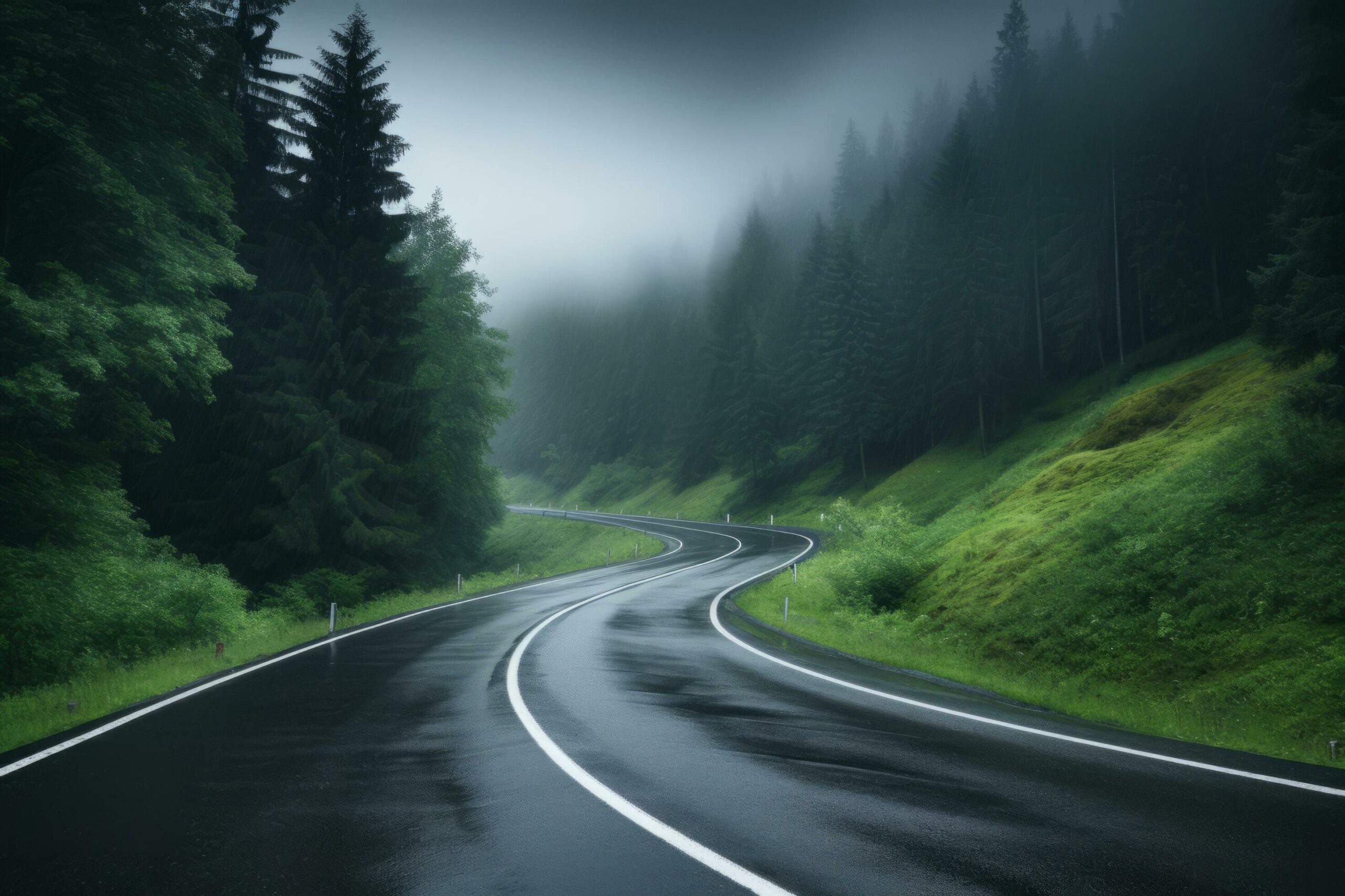 Ai-generated-road-in-foggy-forest-in-rainy-day-in-spring-beautiful-mountain-curved-roadway-free-photo