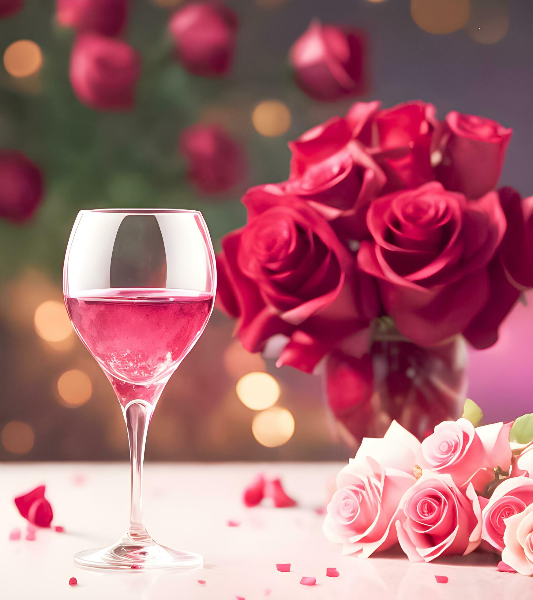 Ai-generated-roses-and-wine-glasses-on-the-table-for-celebrating-valentine-s-day-free-photo