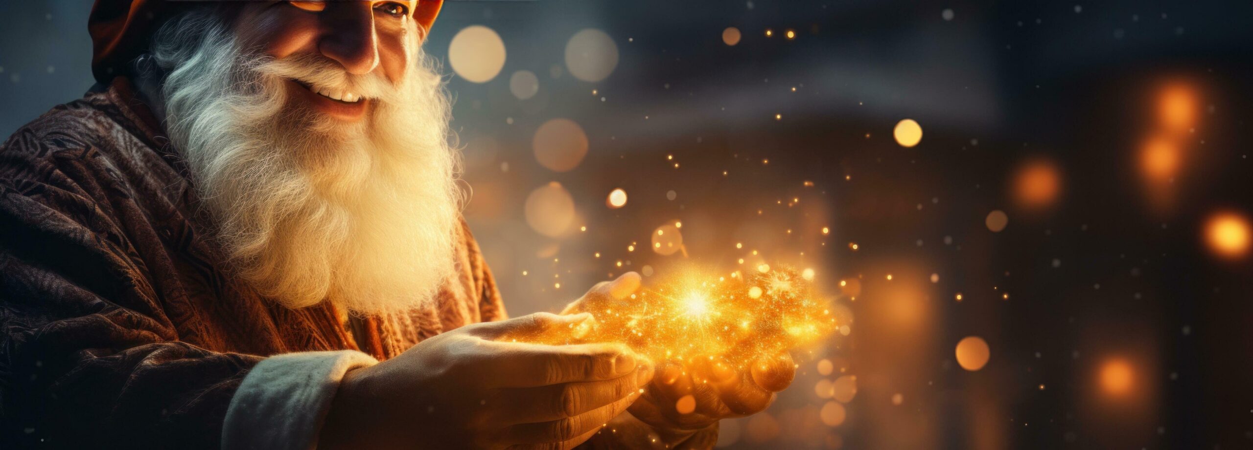 Ai-generated-santa-holding-the-gift-box-against-the-blue-background-free-photo