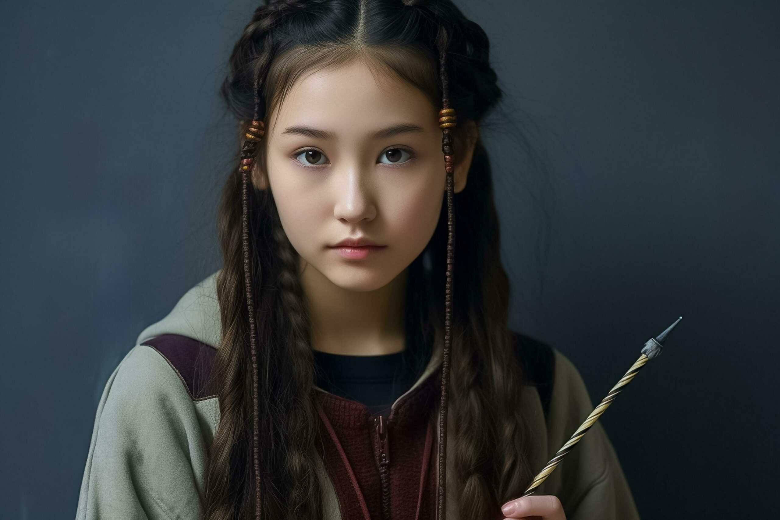 Ai-generated-serious-contemplating-asian-girl-with-combed-plaits-holds-notebook-and-pencil-ai-generated-free-photo