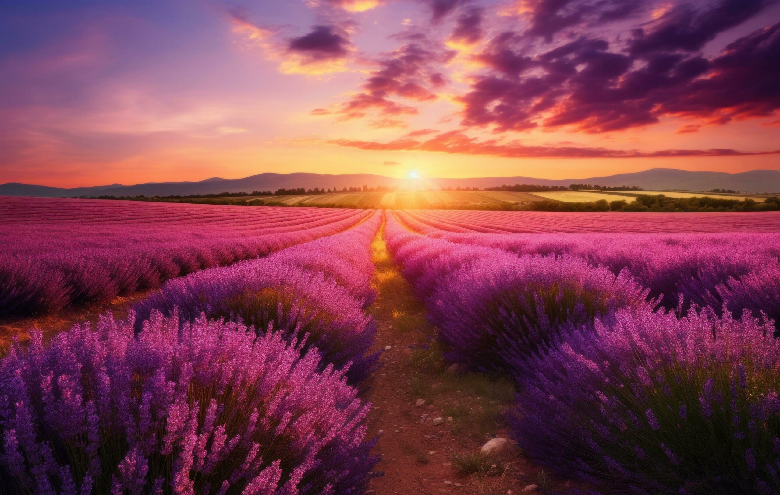 Ai-generated-sunrise-sun-over-lavender-field-in-summer-free-photo