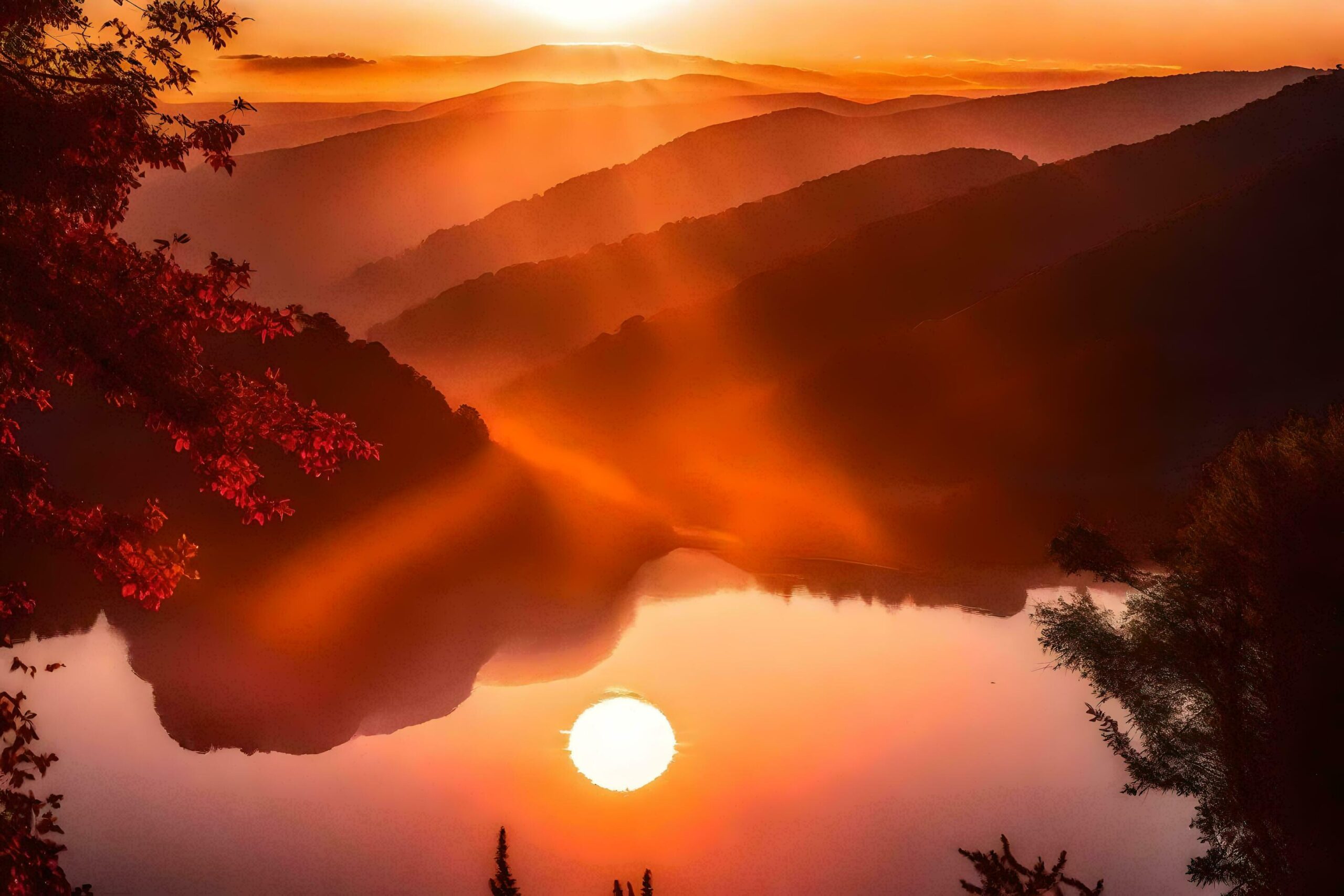 Ai-generated-sunset-over-the-mountains-with-a-lake-and-trees-free-photo