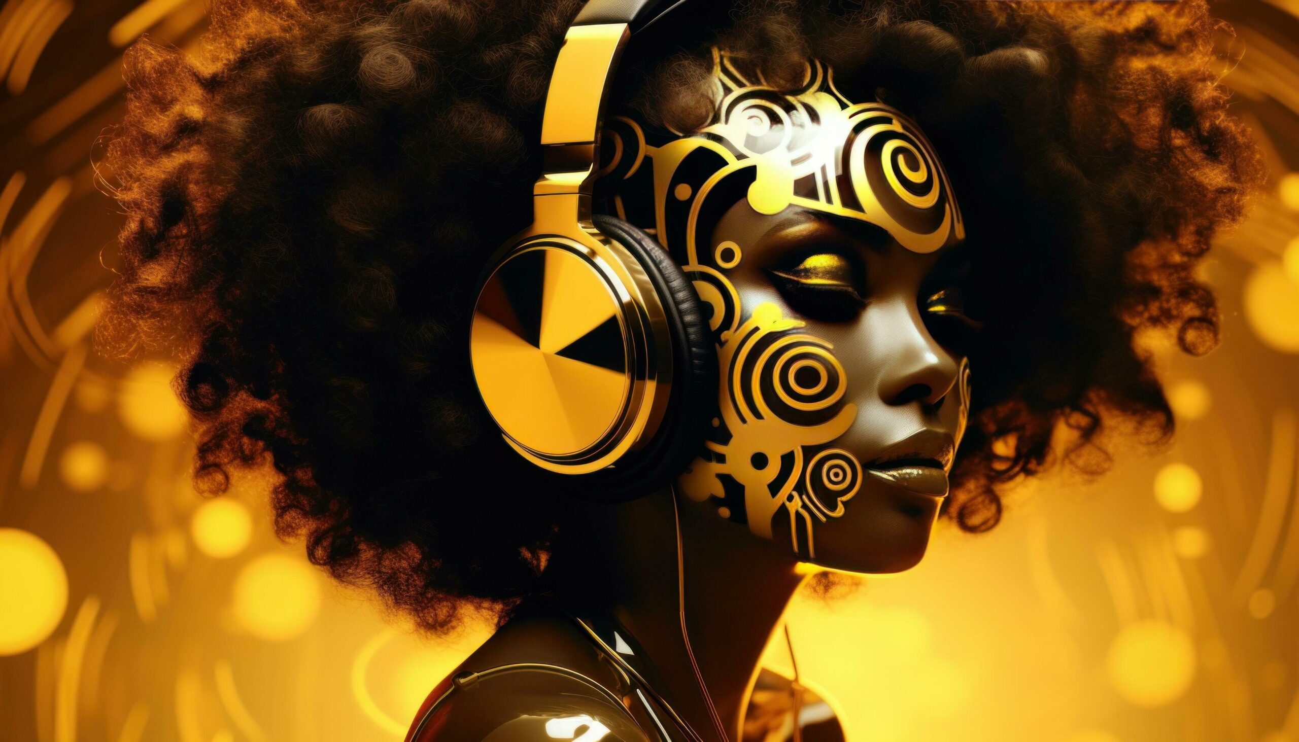 Ai-generated-the-afro-girl-in-gold-dress-with-headphones-free-photo
