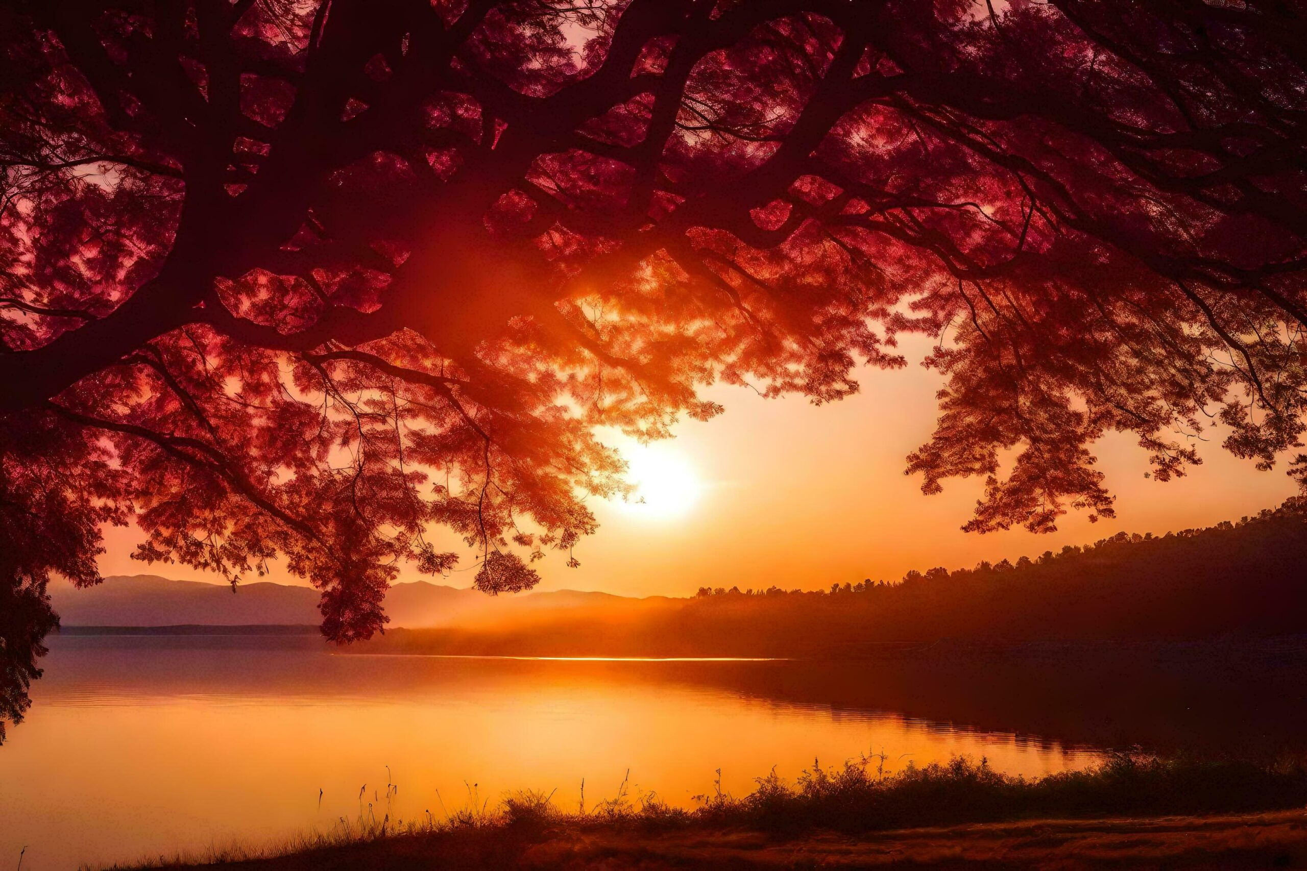 Ai-generated-the-sun-is-setting-over-a-lake-and-tree-free-photo