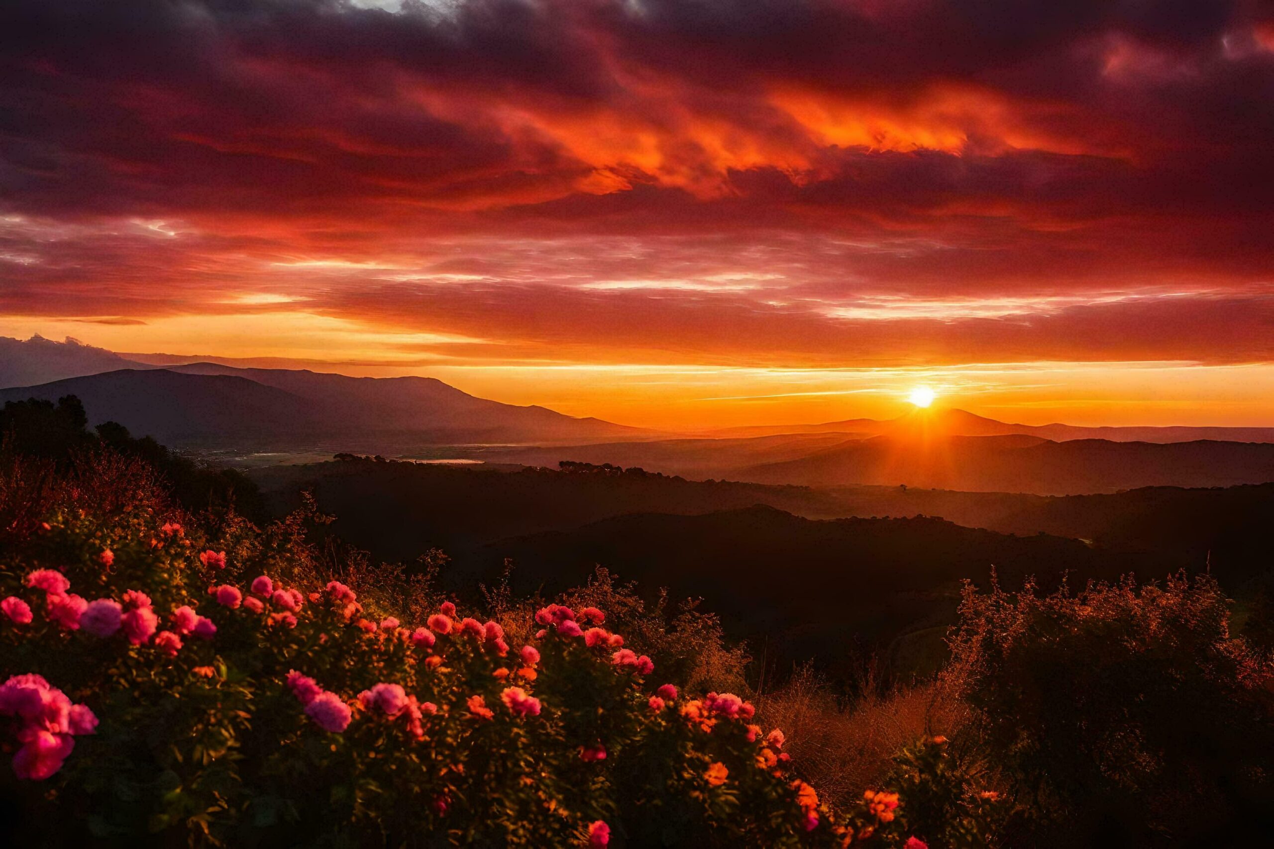 Ai-generated-the-sun-sets-over-a-beautiful-landscape-with-pink-flowers-free-photo