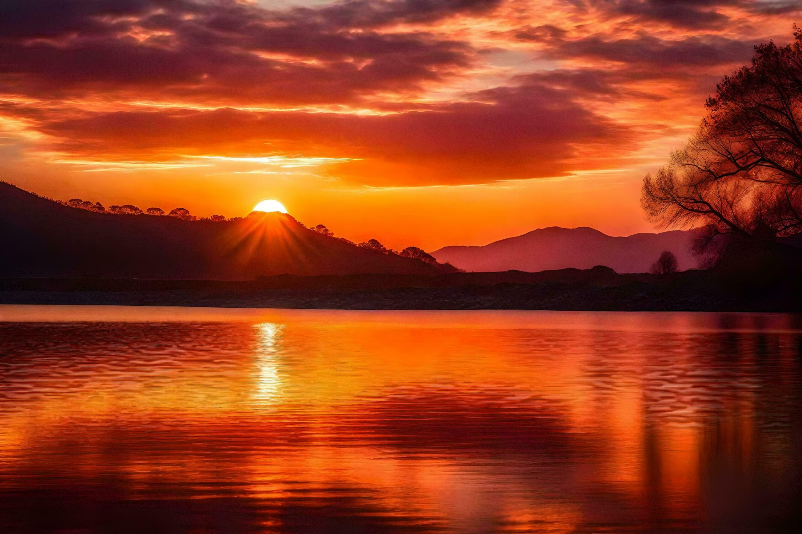 Ai-generated-the-sun-sets-over-a-lake-with-a-tree-in-the-foreground-free-photo