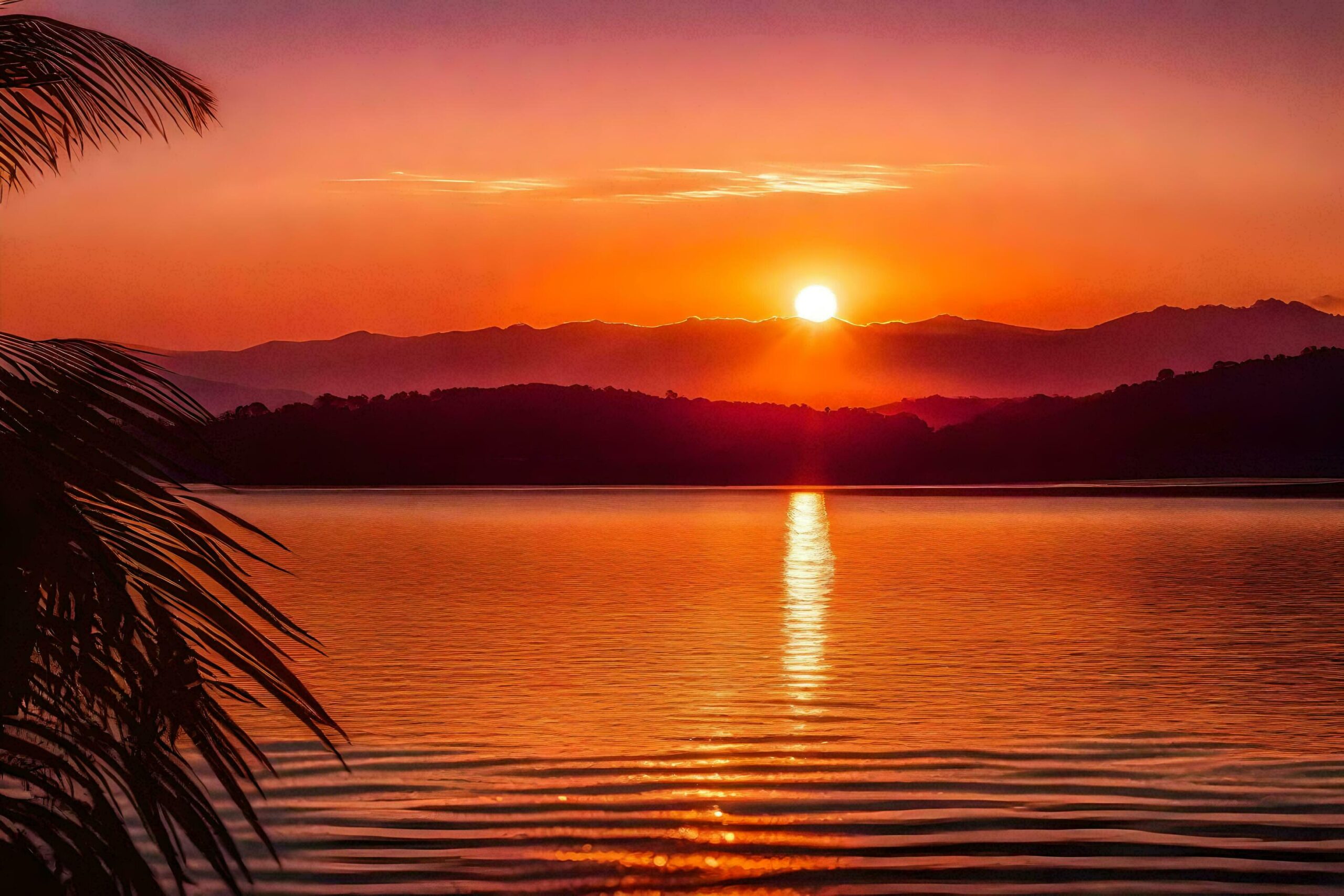 Ai-generated-the-sun-sets-over-a-lake-with-palm-trees-free-photo