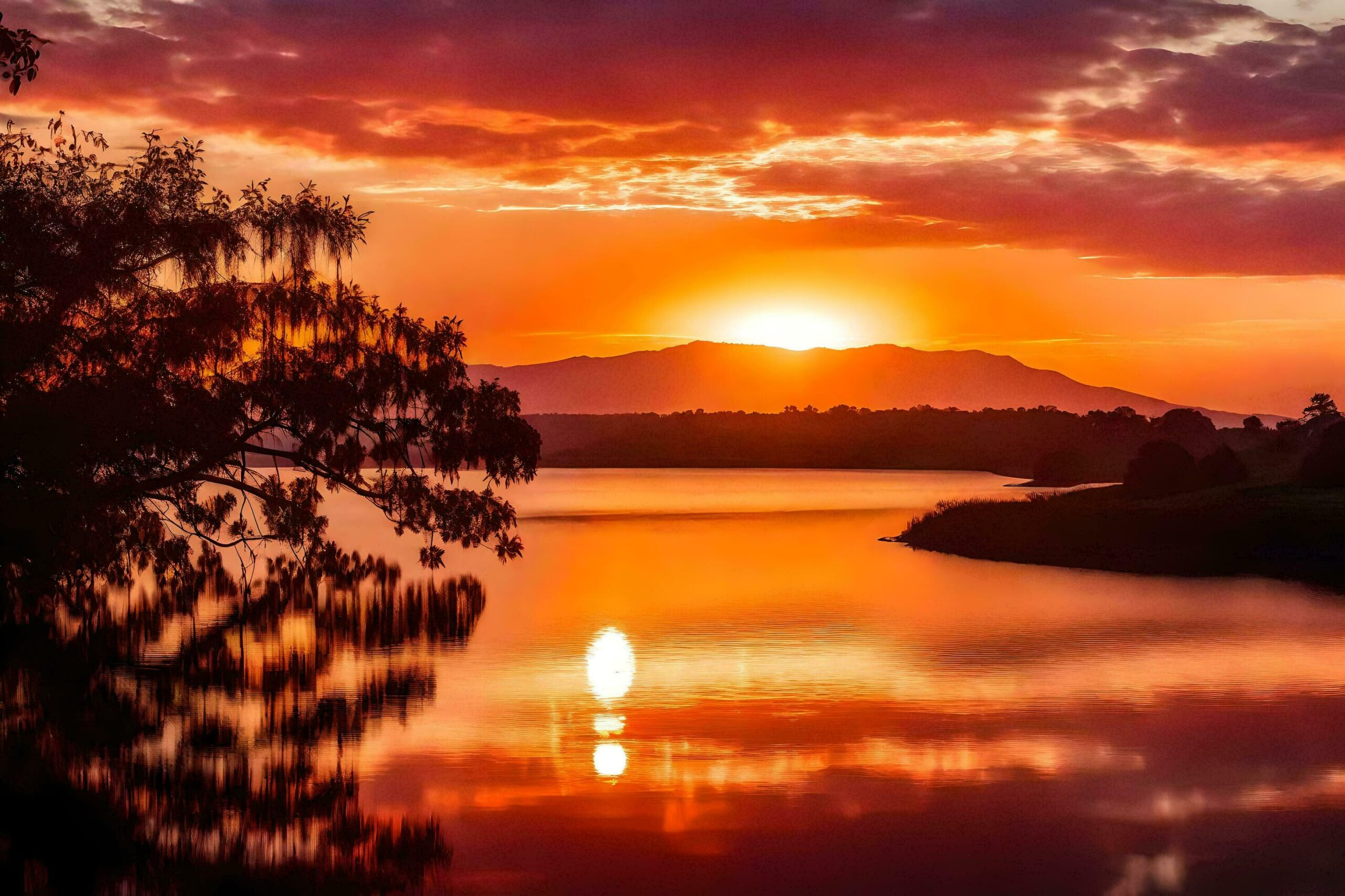 Ai-generated-the-sun-sets-over-a-lake-with-trees-and-mountains-in-the-background-free-photo