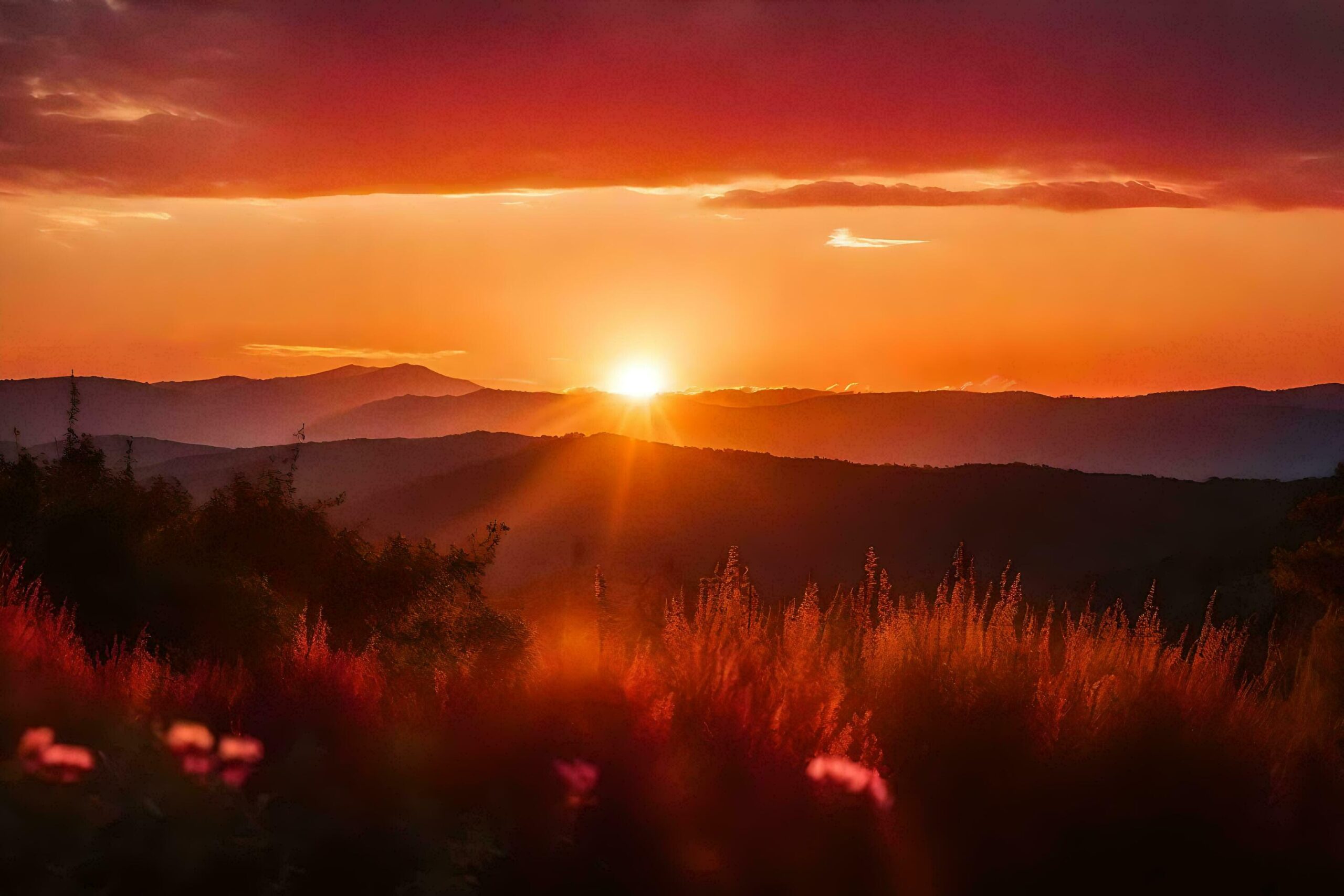 Ai-generated-the-sun-sets-over-a-mountain-range-with-flowers-in-the-foreground-free-photo
