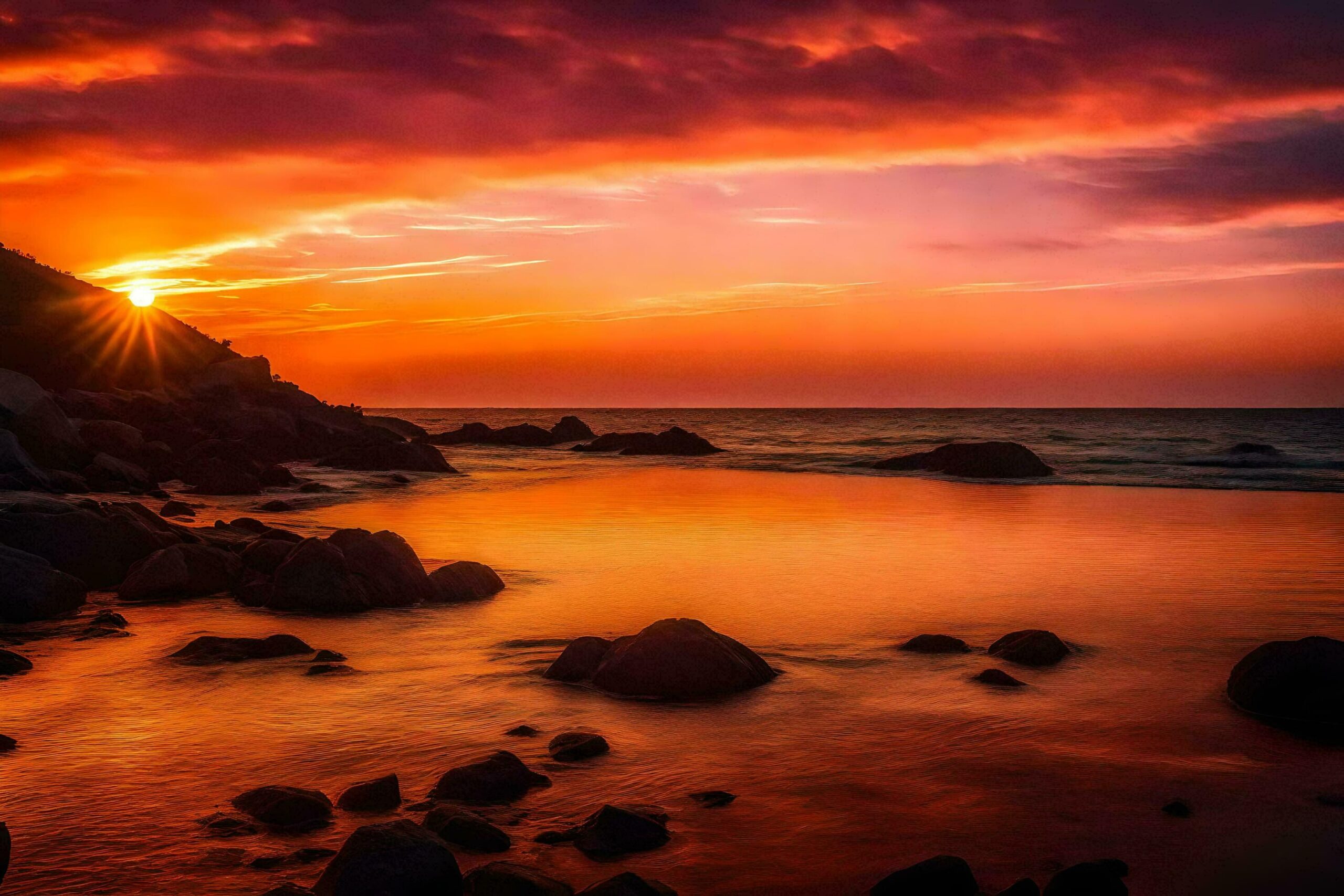 Ai-generated-the-sun-sets-over-the-ocean-and-rocks-free-photo