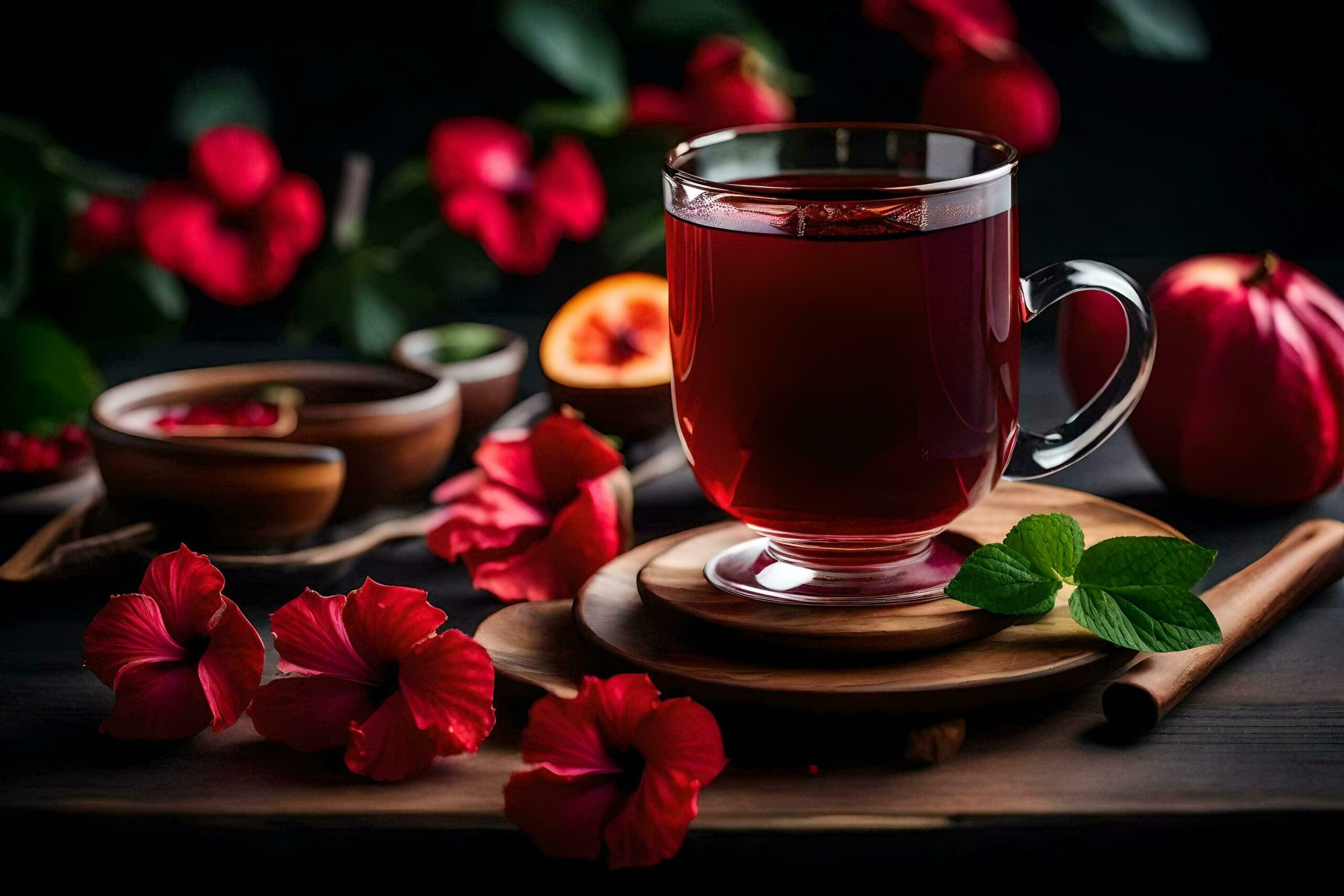 Ai-generated-the-tea-cup-with-red-flowers-and-leaves-on-the-table-free-photo