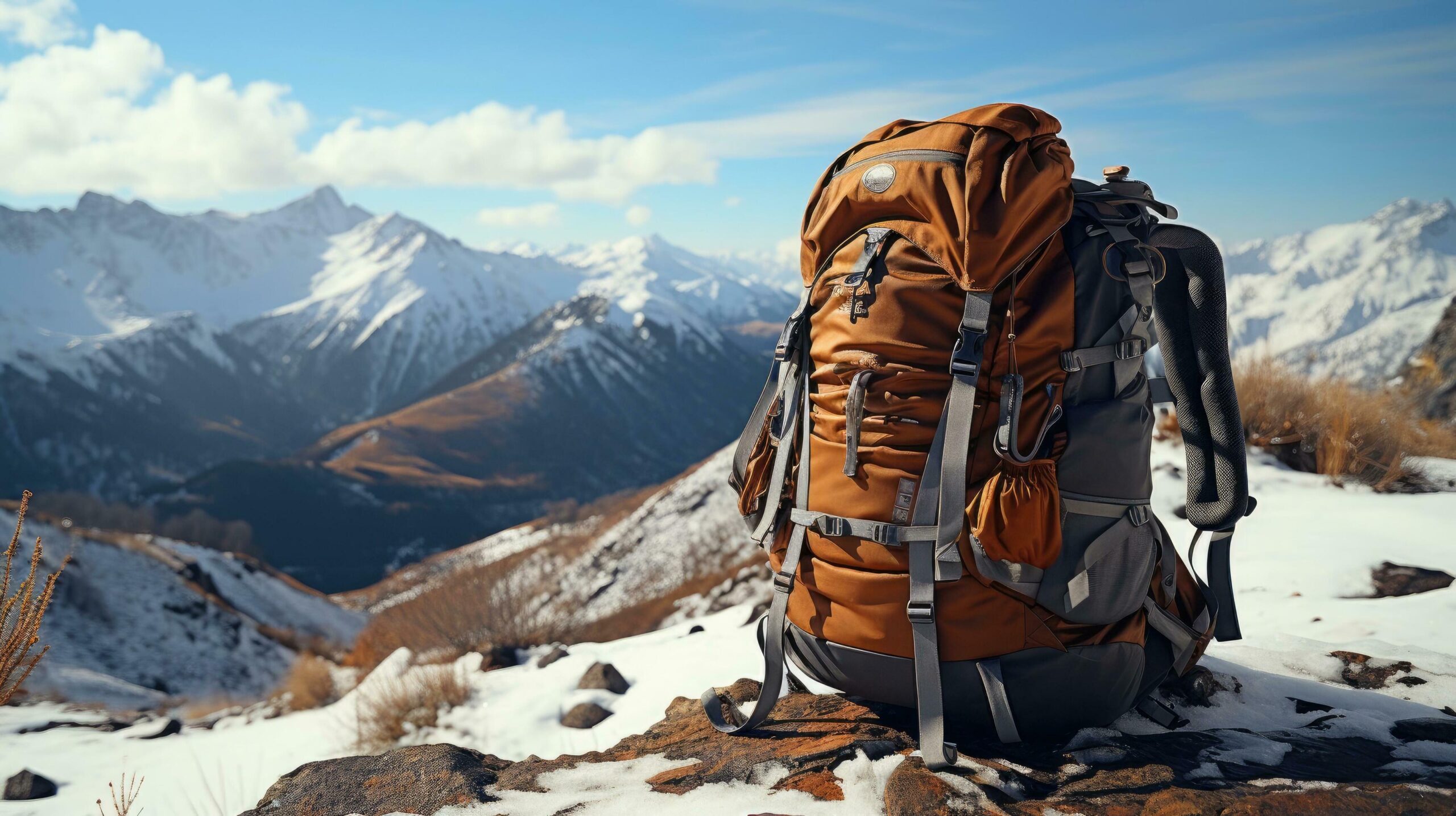 Ai-generated-tourist-backpack-equipment-for-climbing-tourism-and-hiking-on-the-top-of-a-snow-capped-mountain-free-photo