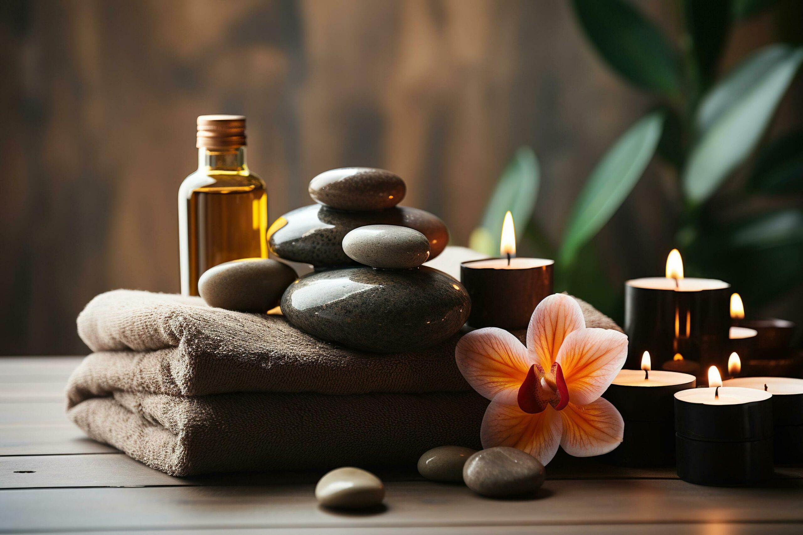 Ai-generated-towels-with-massage-stones-on-a-wooden-table-with-flowers-and-candles-comfort-of-a-spa-salon-generated-by-artificial-intelligence-free-photo