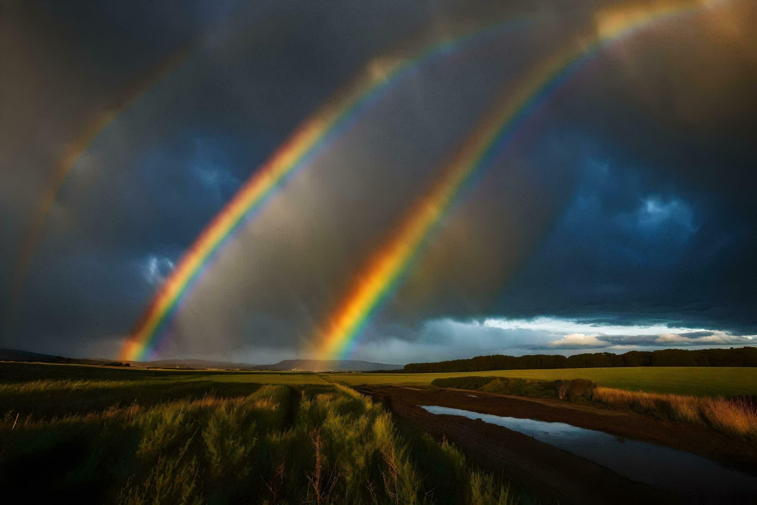 Ai-generated-two-double-rainbows-over-a-field-free-photo