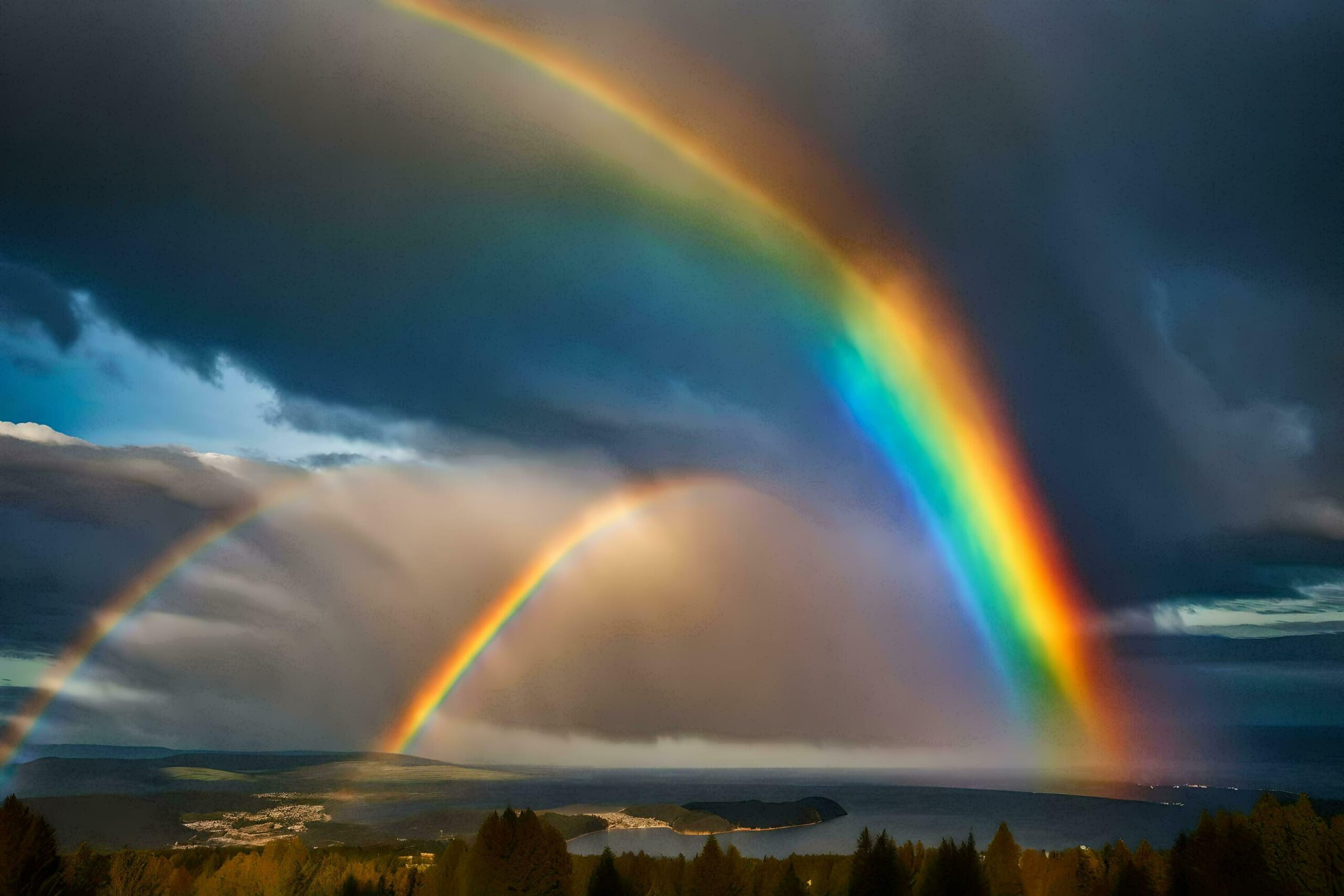 Ai-generated-two-rainbows-are-seen-over-a-lake-and-forest-free-photo