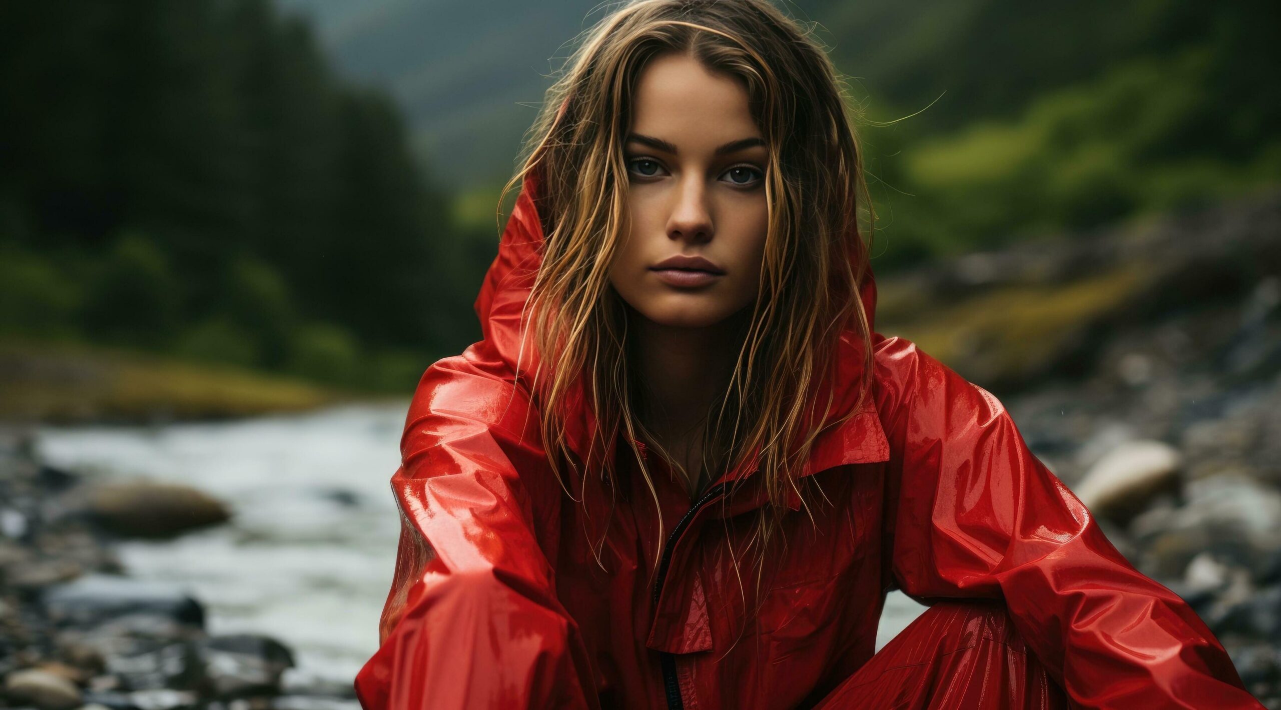 Ai-generated-wearing-a-red-rain-suit-in-a-stream-at-sunset-in-mountain-free-photo