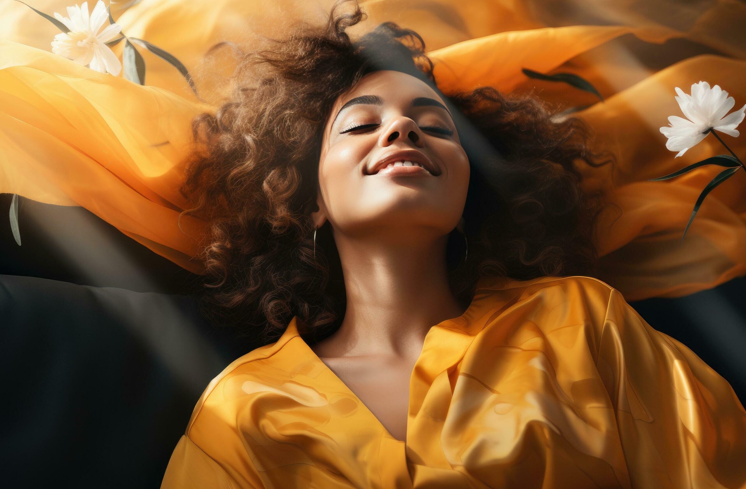 Ai-generated-woman-in-yellow-shirt-smiling-to-herself-and-resting-on-a-couch-free-photo