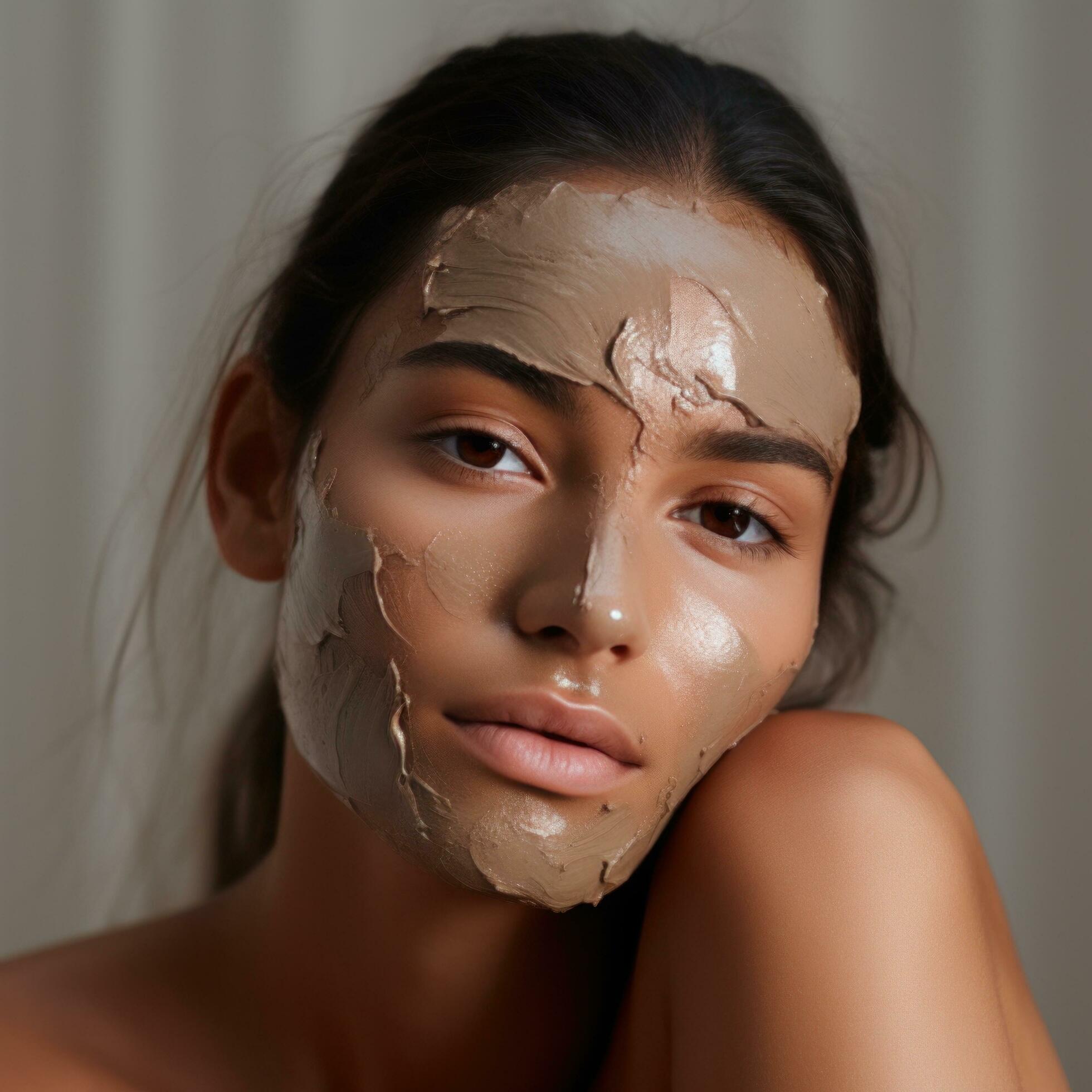 Ai-generated-woman-s-face-with-a-clay-mask-on-the-mask-is-a-light-brown-color-and-is-drying-on-her-skin-free-photo