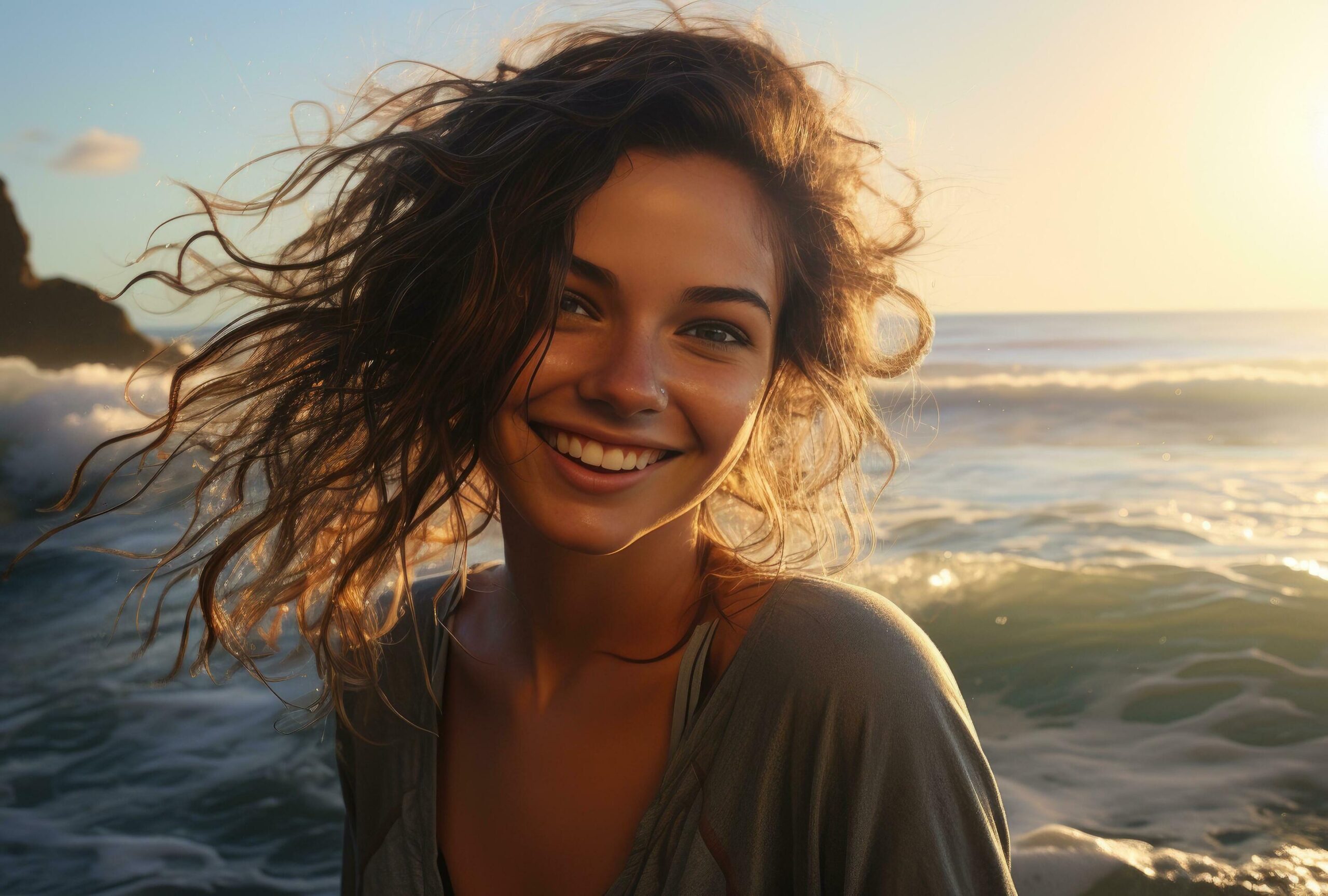 Ai-generated-woman-smiling-in-front-of-the-ocean-free-photo