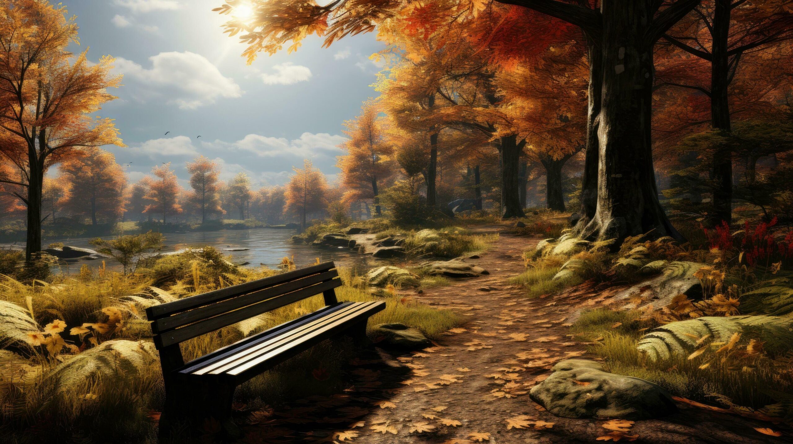 Ai-generated-wooden-bench-in-the-forest-in-the-park-in-autumn-free-photo