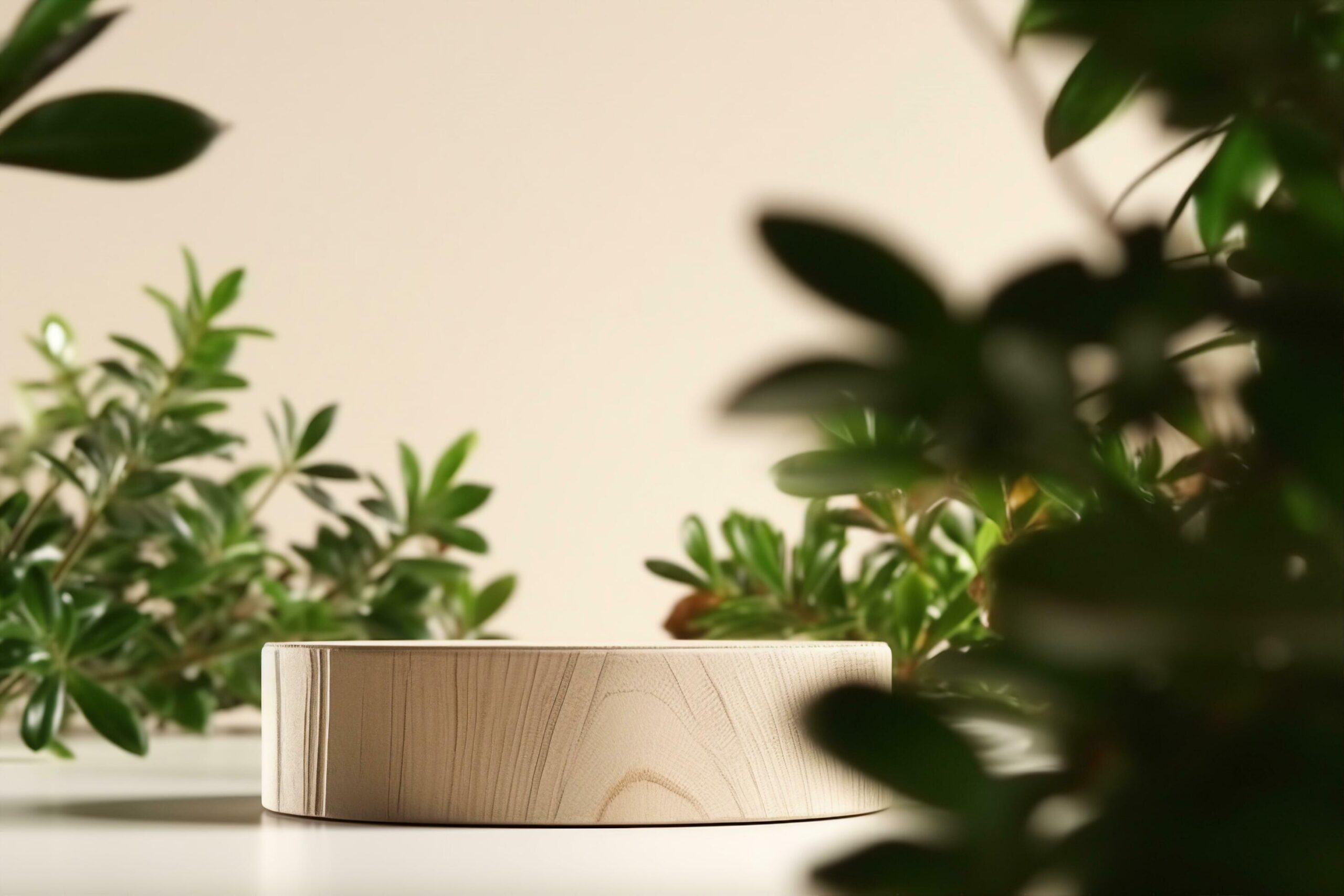 Ai-generated-wooden-product-display-podium-with-blurred-nature-leaves-on-brown-background-3d-rendering-generative-ai-free-photo