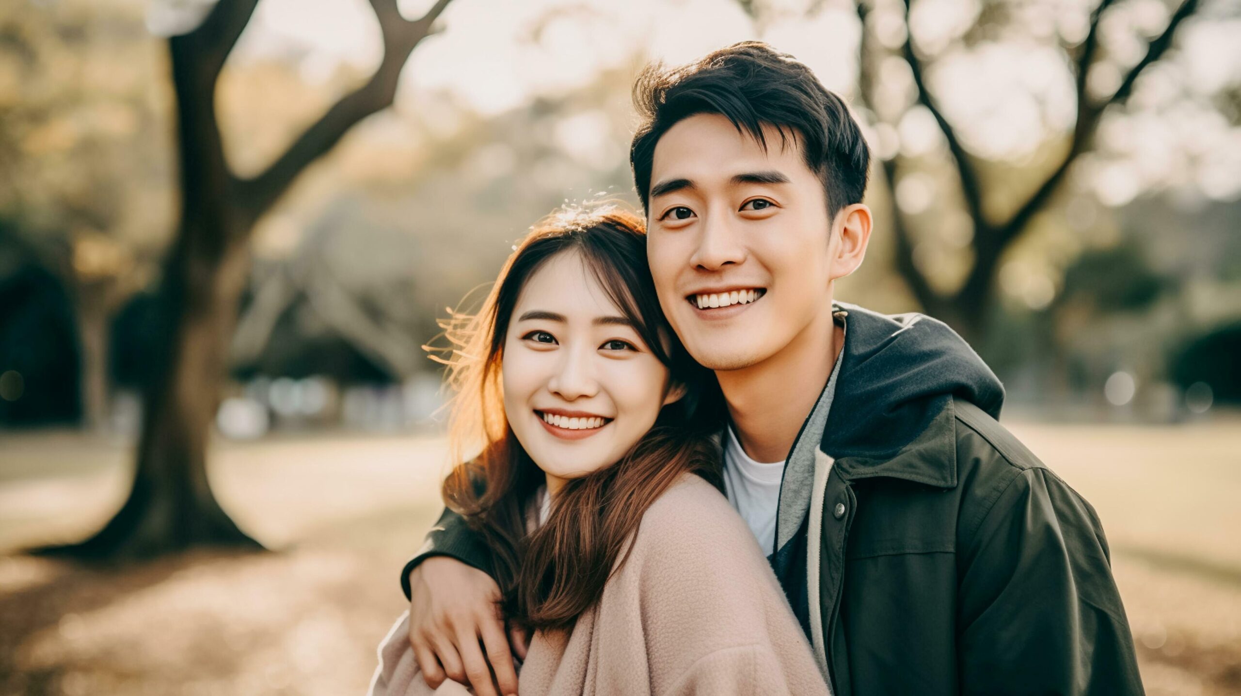 Ai-generated-young-asian-couple-standing-in-forest-male-and-female-traveler-relaxing-and-talking-sweet-couple-laughing-ai-generated-free-photo