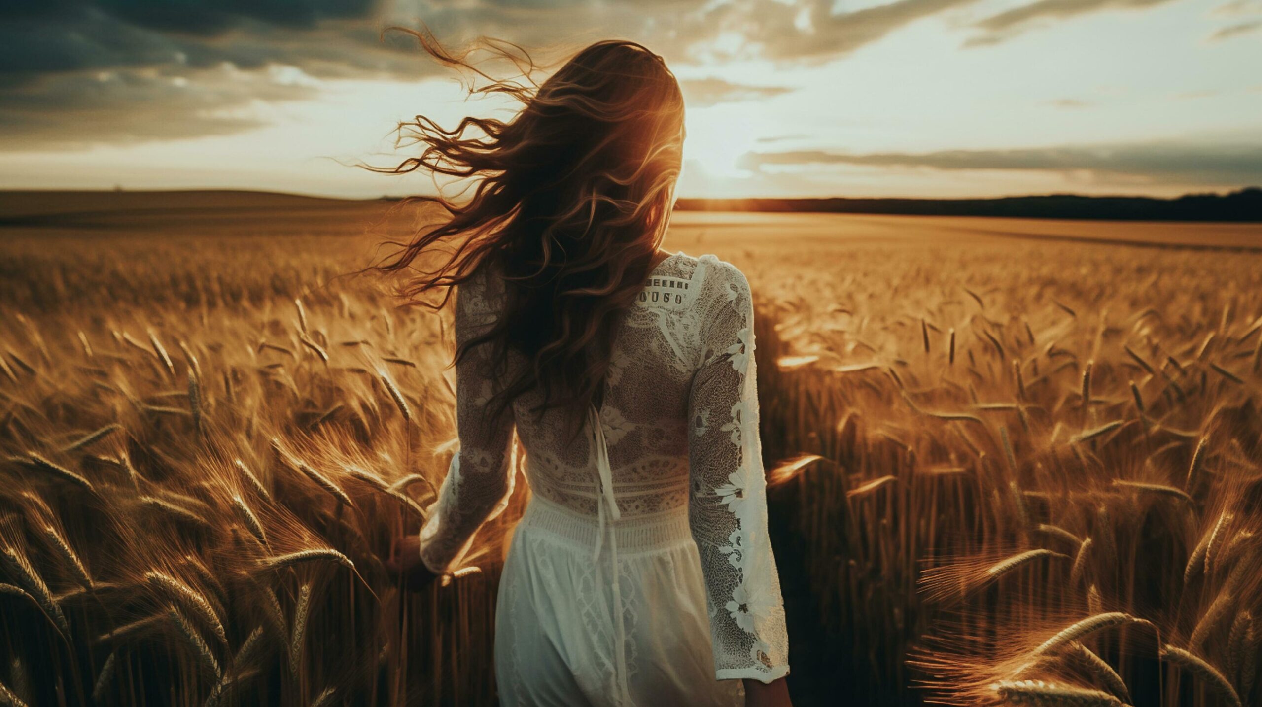 Ai-generated-young-beautiful-and-happy-woman-in-a-white-dress-in-the-wheat-field-at-sunset-ai-generated-free-photo
