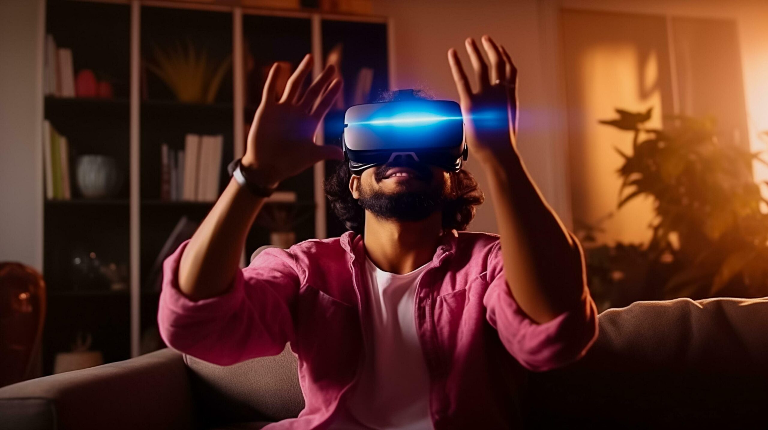 Ai-generated-young-man-sitting-on-couch-at-home-wearing-virtual-reality-glasses-plays-online-game-ai-generated-free-photo