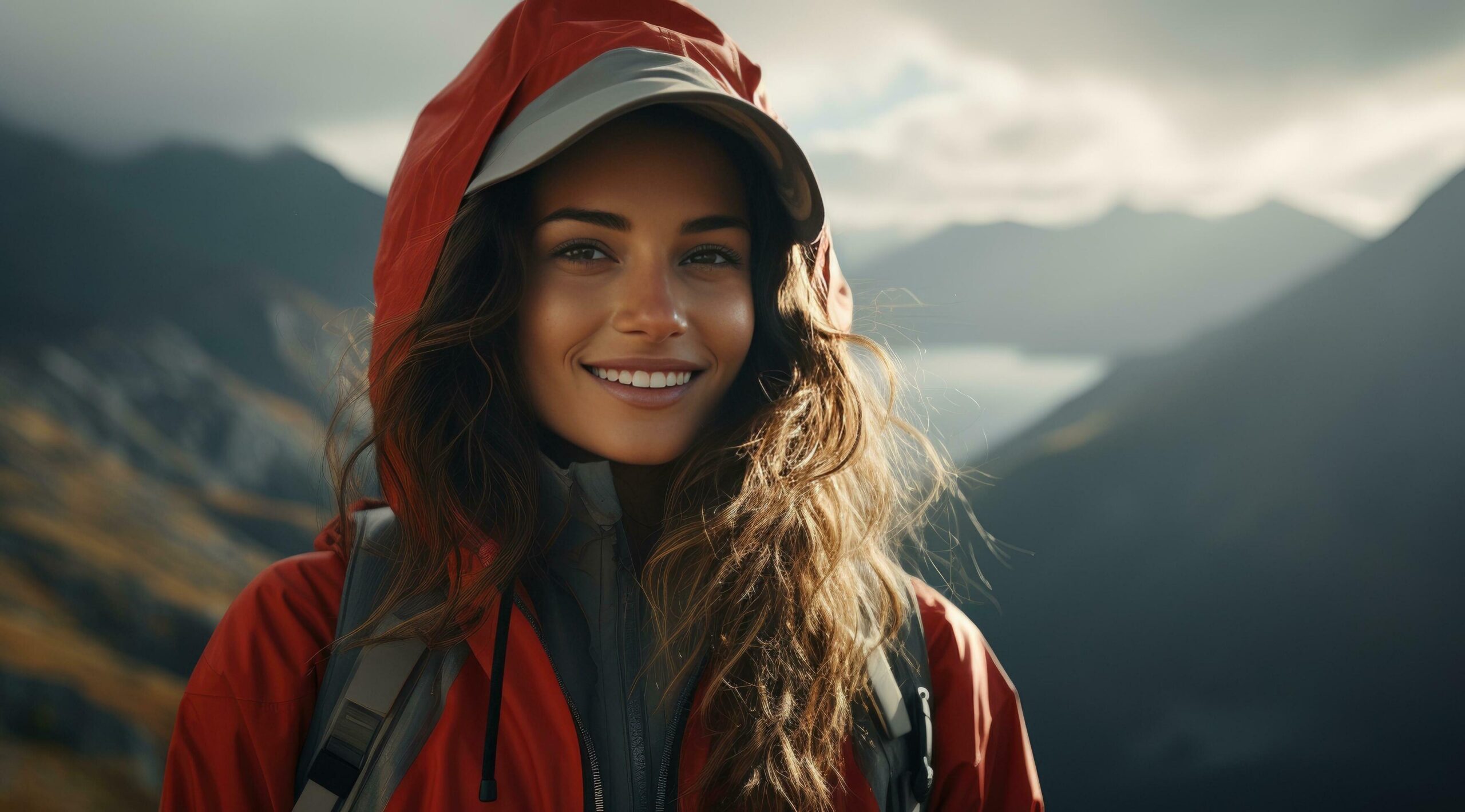 Ai-generated-young-smiling-woman-with-a-raincoat-standing-and-looking-at-the-mountains-free-photo