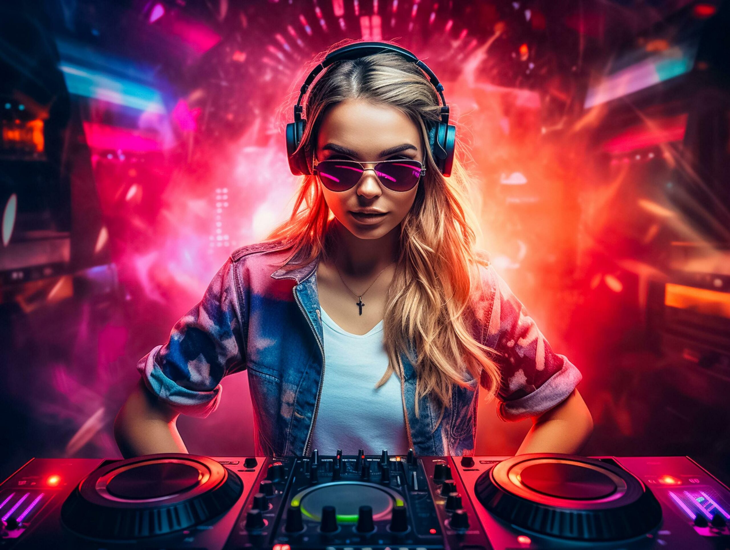 Ai-generated-young-woman-dj-with-sunglasses-smoke-and-headphones-playing-music-nightlife-concept-ai-generated-free-photo