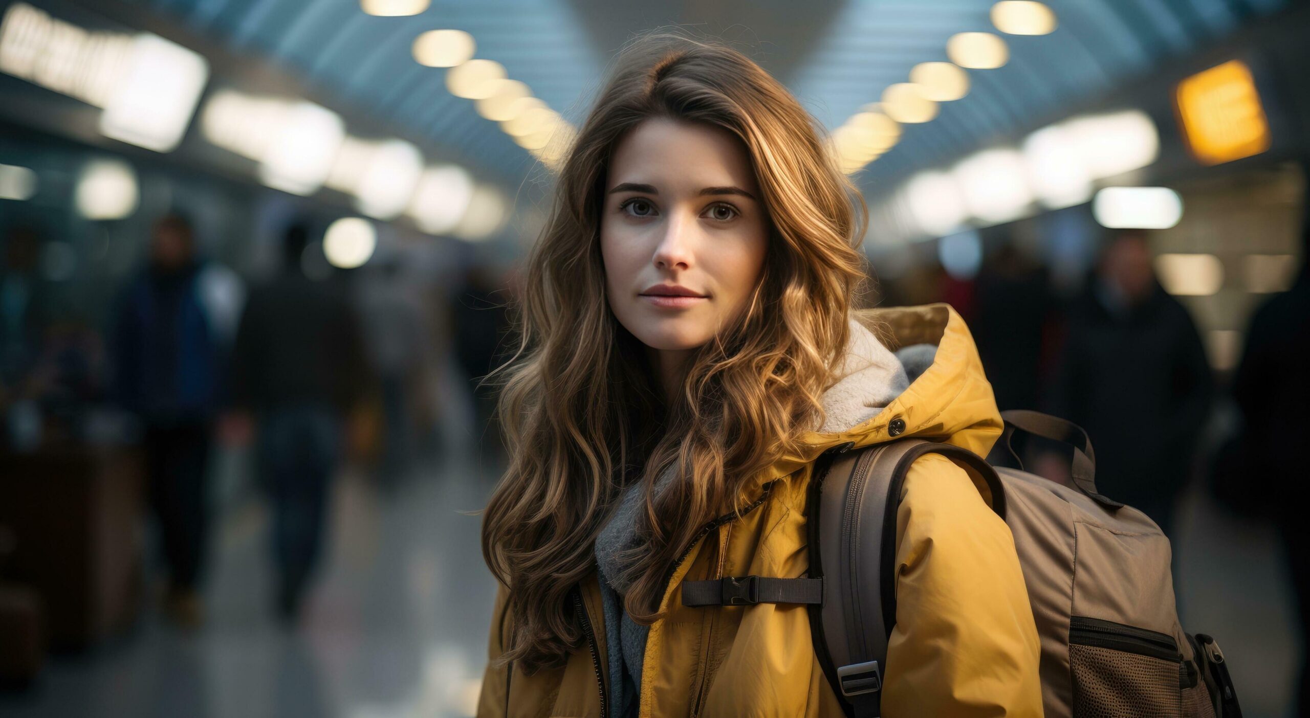 Ai-generated-young-woman-standing-with-a-backpack-in-an-airport-free-photo